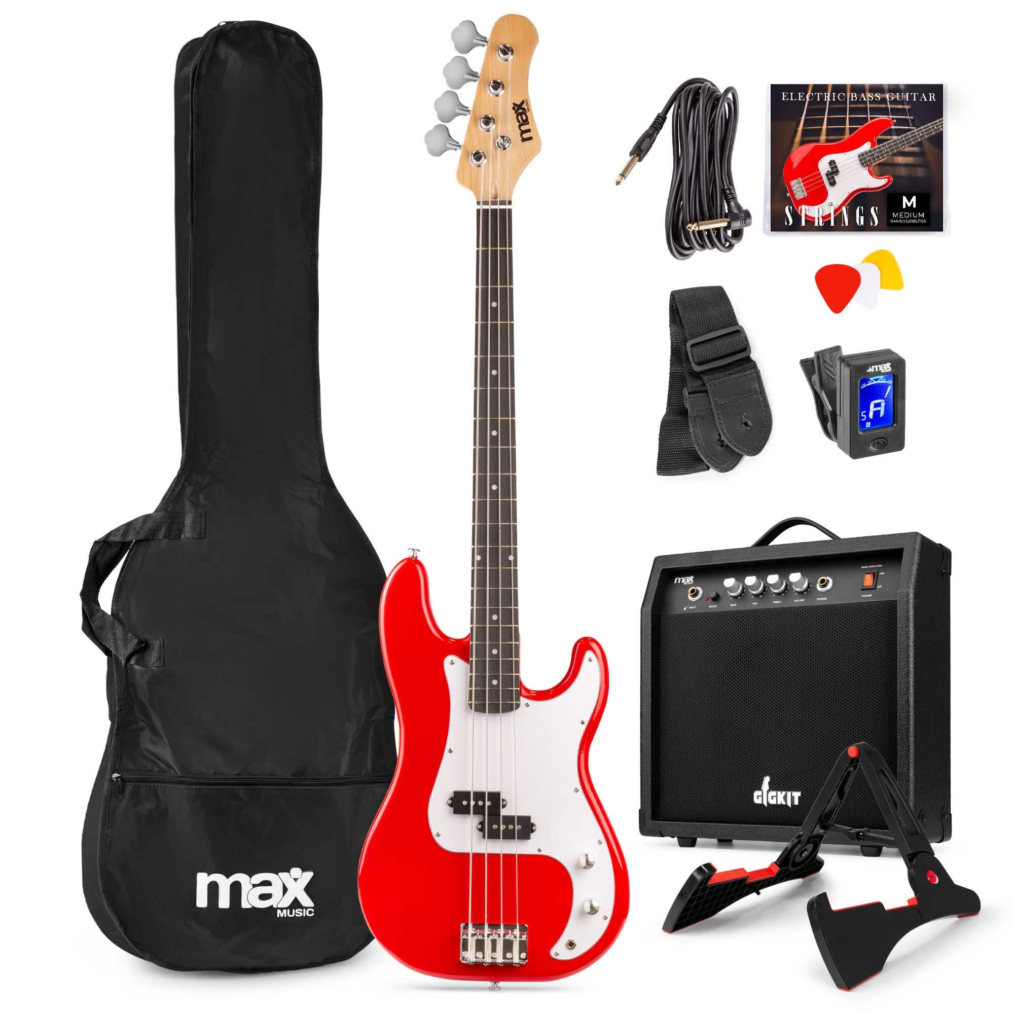 Max Gigkit Basse Electrique, Kit Complet Ampli 40 Watts, Housse, Stand, Cordes de Rechange, Accordeur, Sangle, Câble Jack et Médiators, Idéal pour Musicien Débutant ou intermédiaire - Rouge