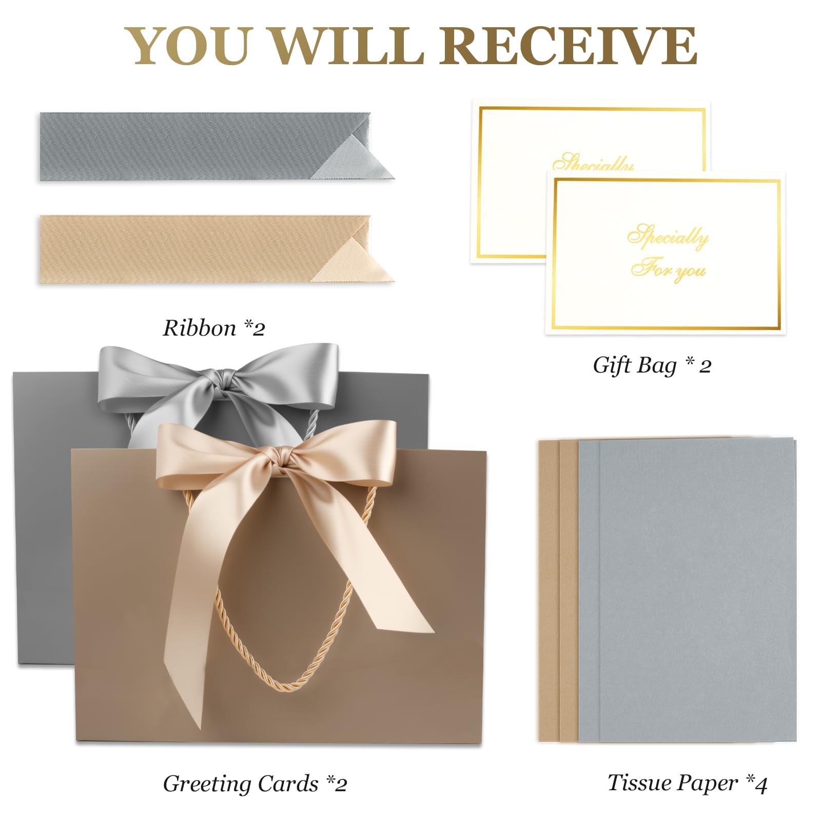 Ninsula 2 Pcs Large Gift Bag, Birthday Gift Bag With 2-Color Ribbon, 2 Greeting Cards and 4 Sheets Tissue Paper, Portable Paper Gift Bag for Birthday Parties, Wedding Parties, Baby Showers, Christmas