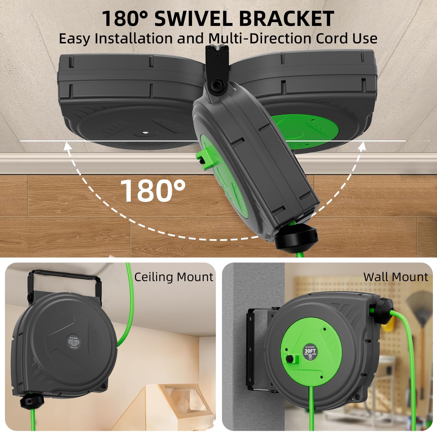 30FT Retractable Extension Cord Reel, 16AWG/3C SJTOW Heavy Duty Power Cord Reel with Lighted Triple Outlets, 10A Circuit Breaker, Lightweight Ceiling/Wall Mount Reel for Garage, ETL Listed, Green