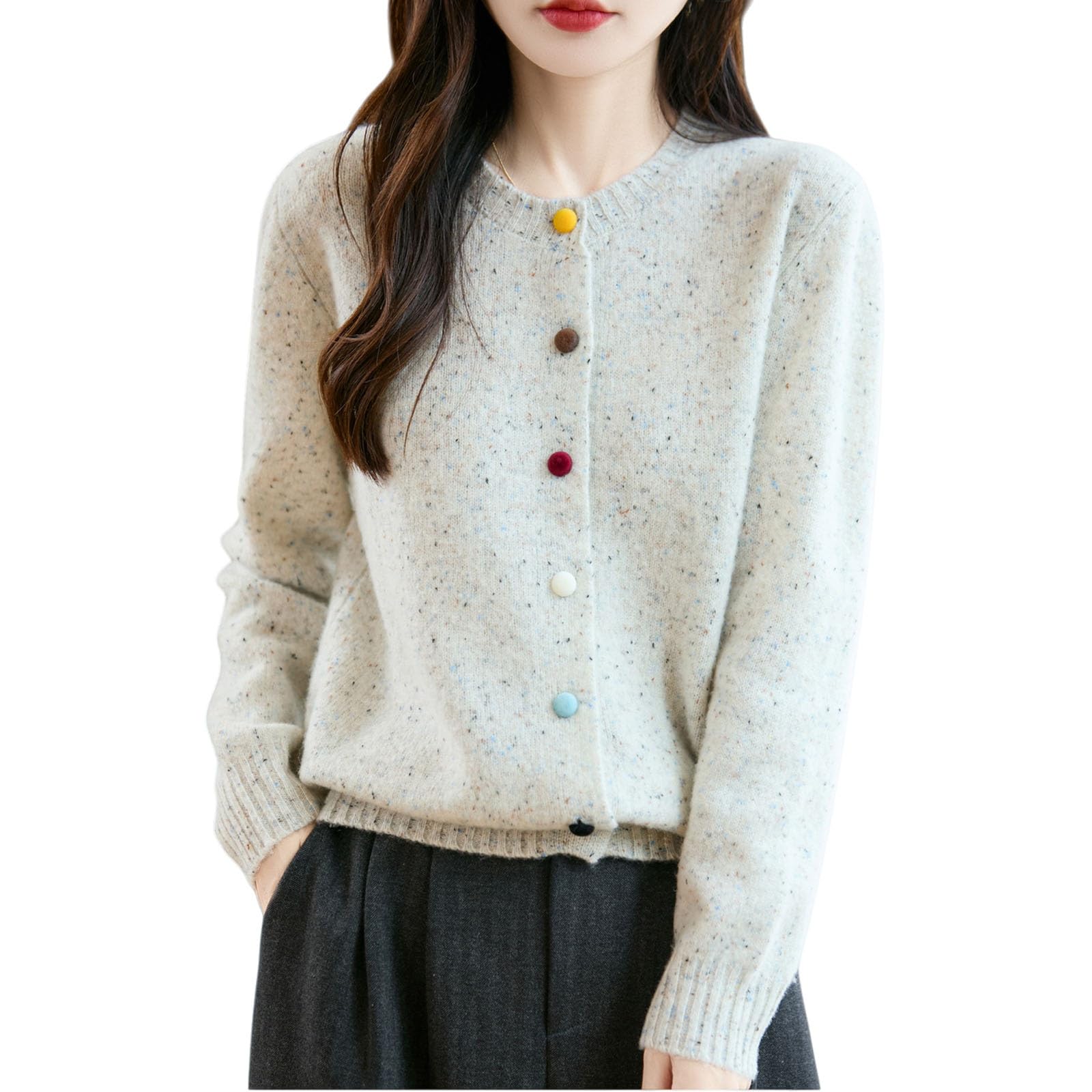 MEECHI Cárdigan For Mujer Suéter Cálido De Cachemira con Botones Elegantes Cárdigans De Color Liso Suéter De Cuello Redondo De Manga Larga De Invierno Y Otoño Pullover De Punto