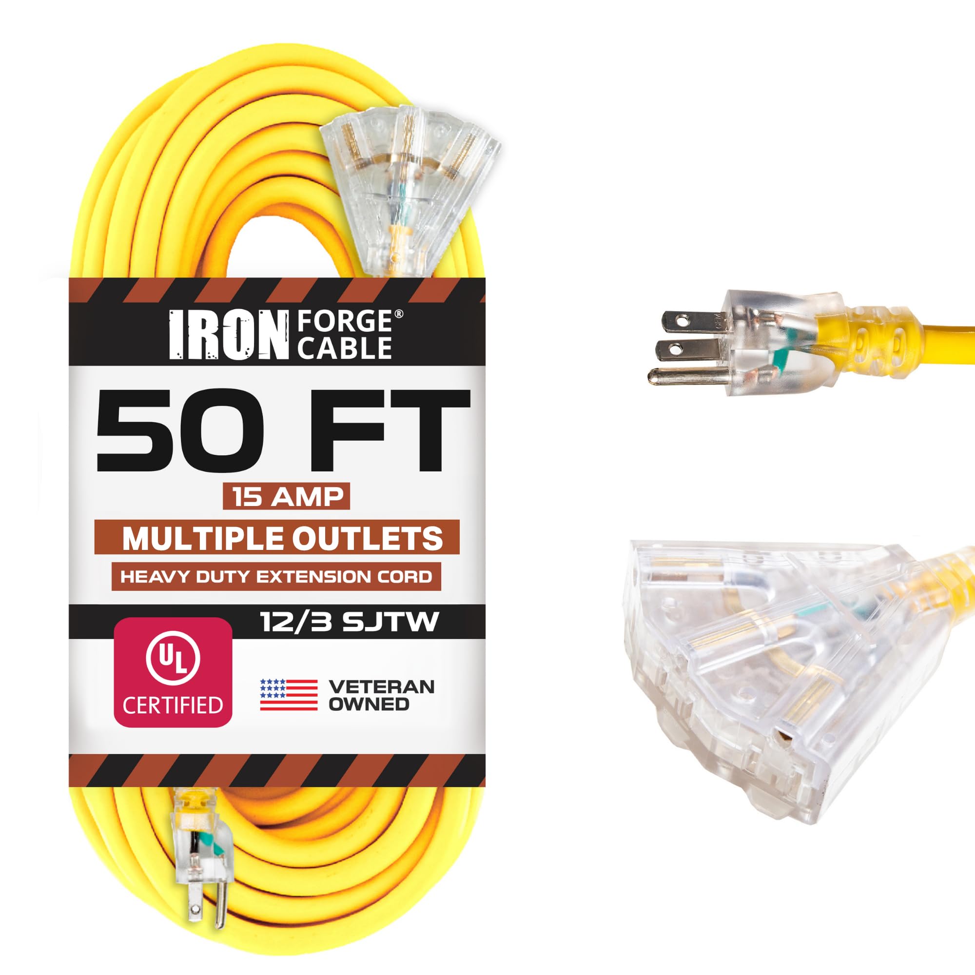 Cable de extensión para exteriores de 50 pies con 3 salidas eléctricas – 12/3 SJTW Cable de extensión amarillo resistente con 3 conectores de punta para seguridad, 15 Amp