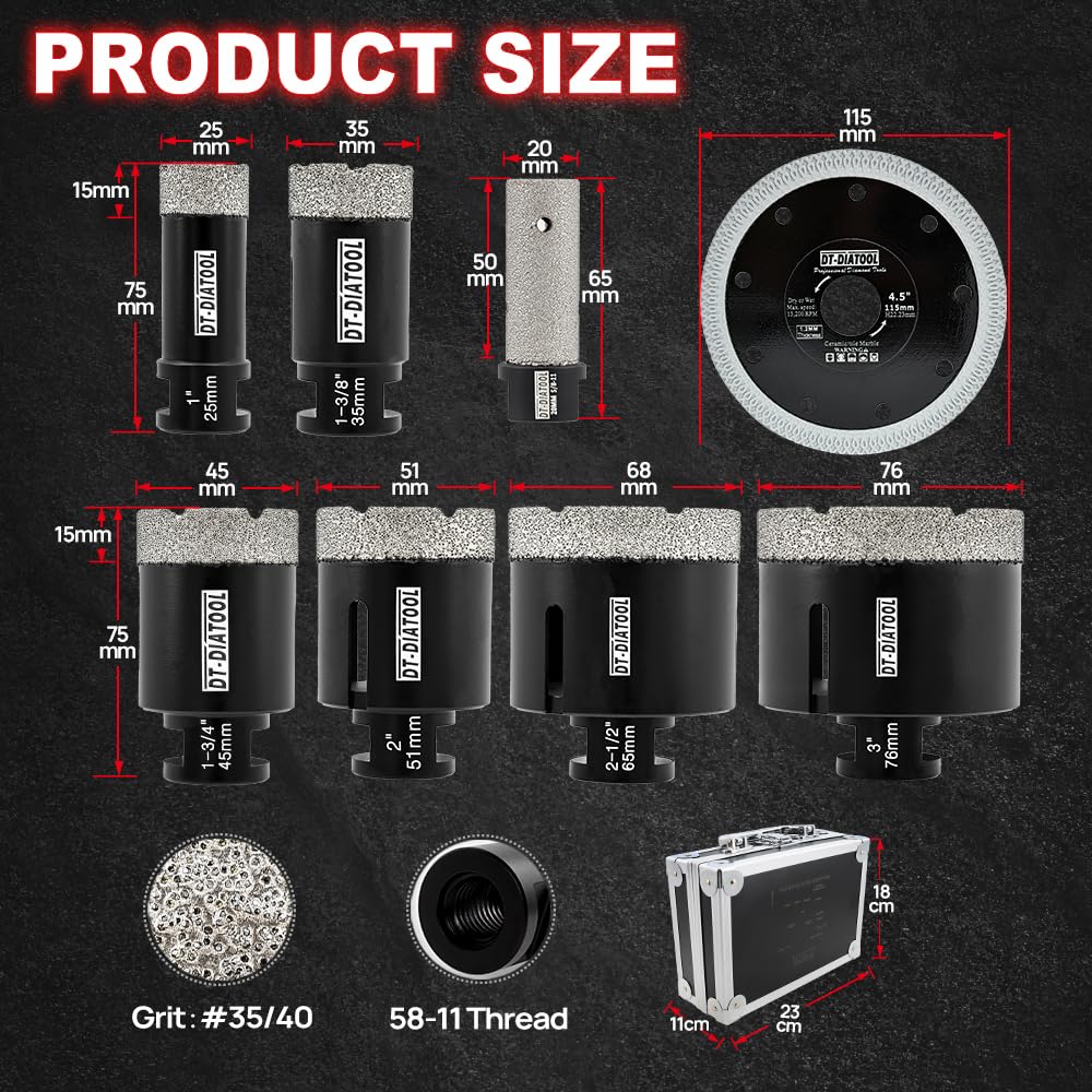 DT-DIATOOL Diamond Core Drill Bits 25/35/45/51/65/76mm with 20mm Diamond Milling Bit and 115mm X Mesh Diamond Tile Blade