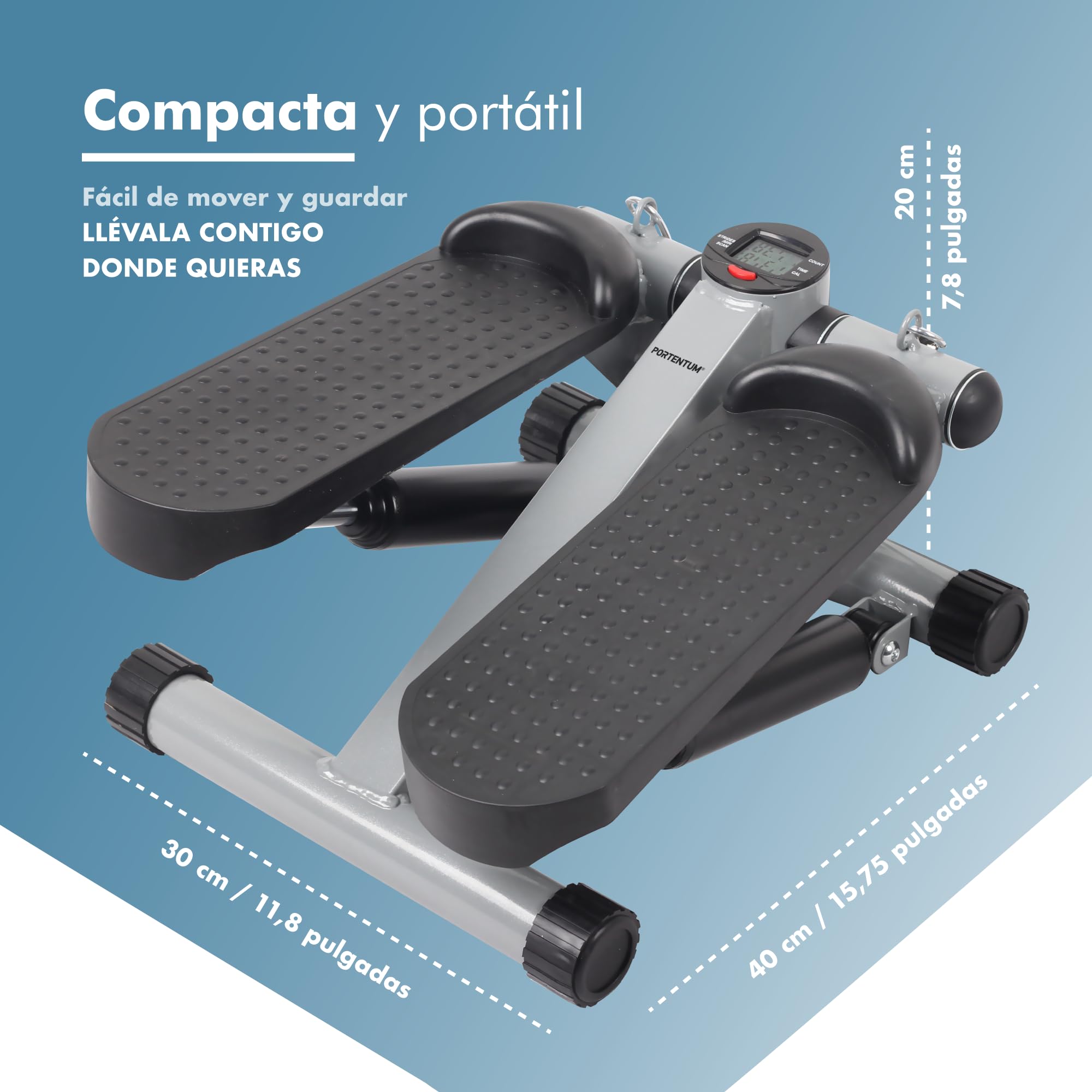 PORTENTUM Mini Stepper Fitness casa con Bandas de Resistencia y Pantalla LCD 5 Funciones — Máquina Steps 3-en-1 para piernas, glúteos y Brazos — Potencia Regulable — Compacto y fácil de Guardar
