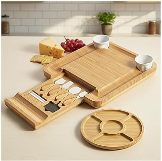 Charcuterie Board Set with Accessories Drawer - Real Bamboo Cheese Board & Stainless Steel Knife Set, Large Meat & Cheese Platter for Parties & Gifts - Natural