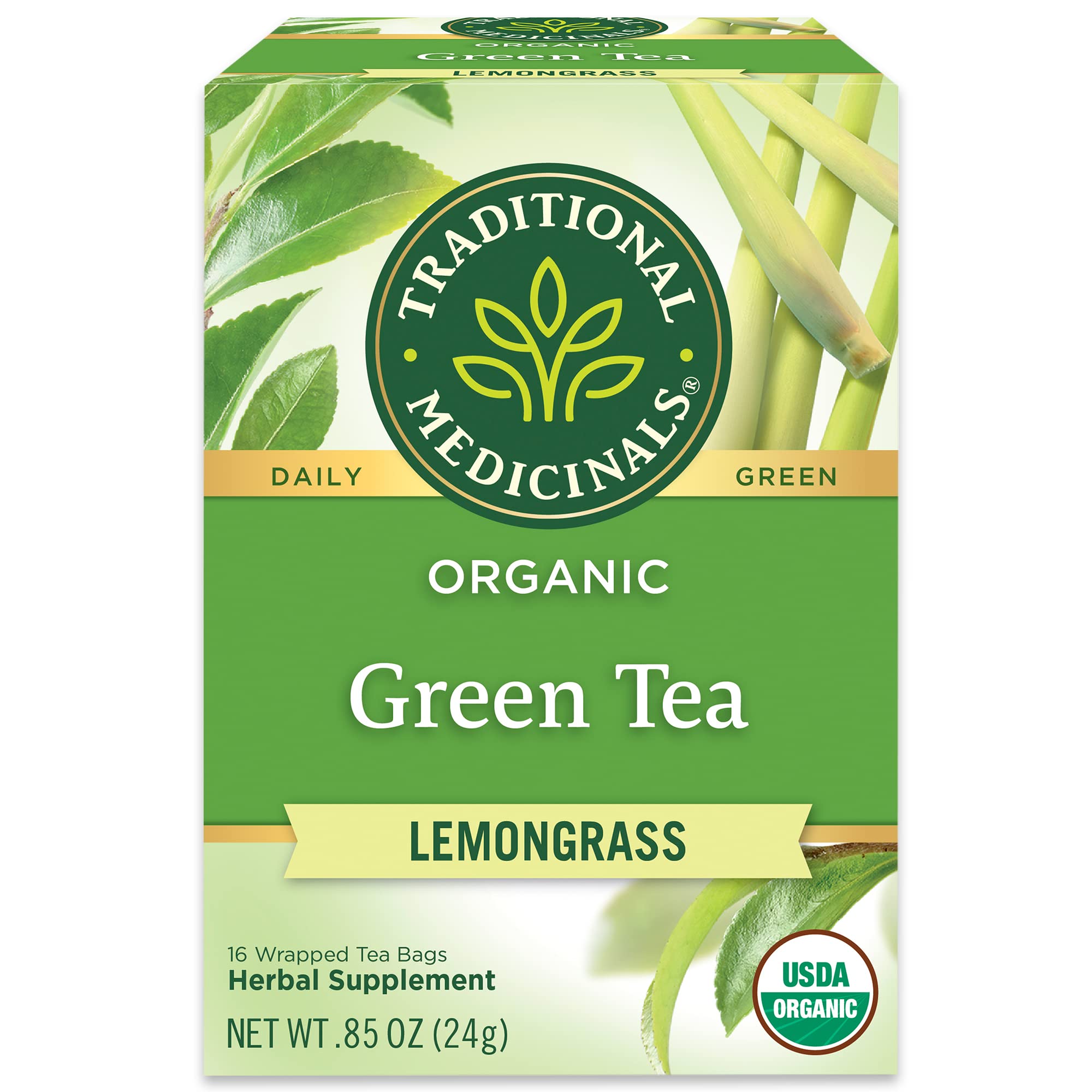 Traditional Medicinals Organic Green Tea Lemongrass Herbal Tea, Health Support, (Pack of 1) - 16 Tea Bags