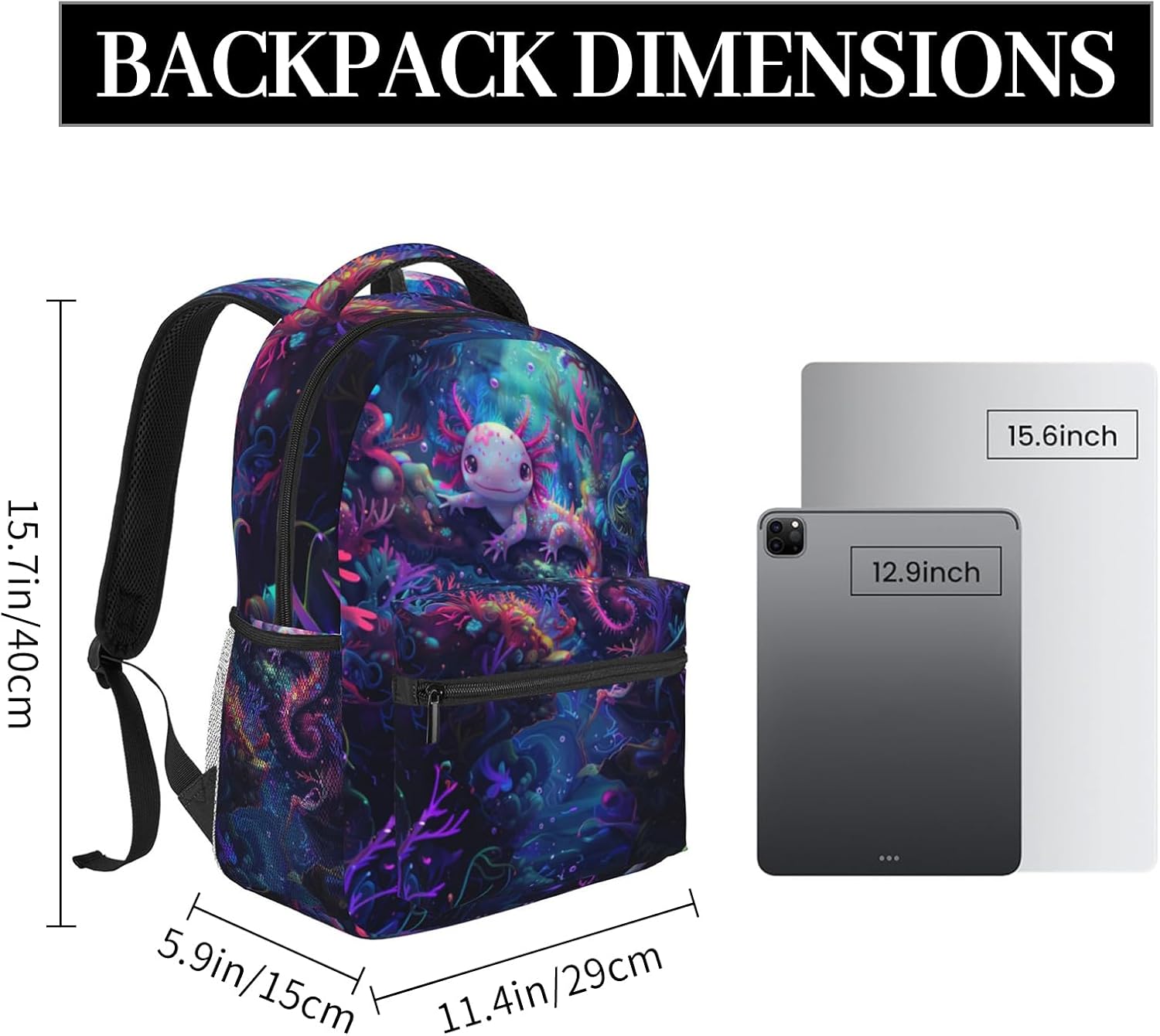 Axolotl Backpack, Travel Backpacks Laptop Rucksack for Women, School Bookbag for Kids Girls Boys Teens, Cute Aquatic Animal Back Pack Accessories Bag for Work, Ideal Gifts for Axolotl Lovers - Image 3