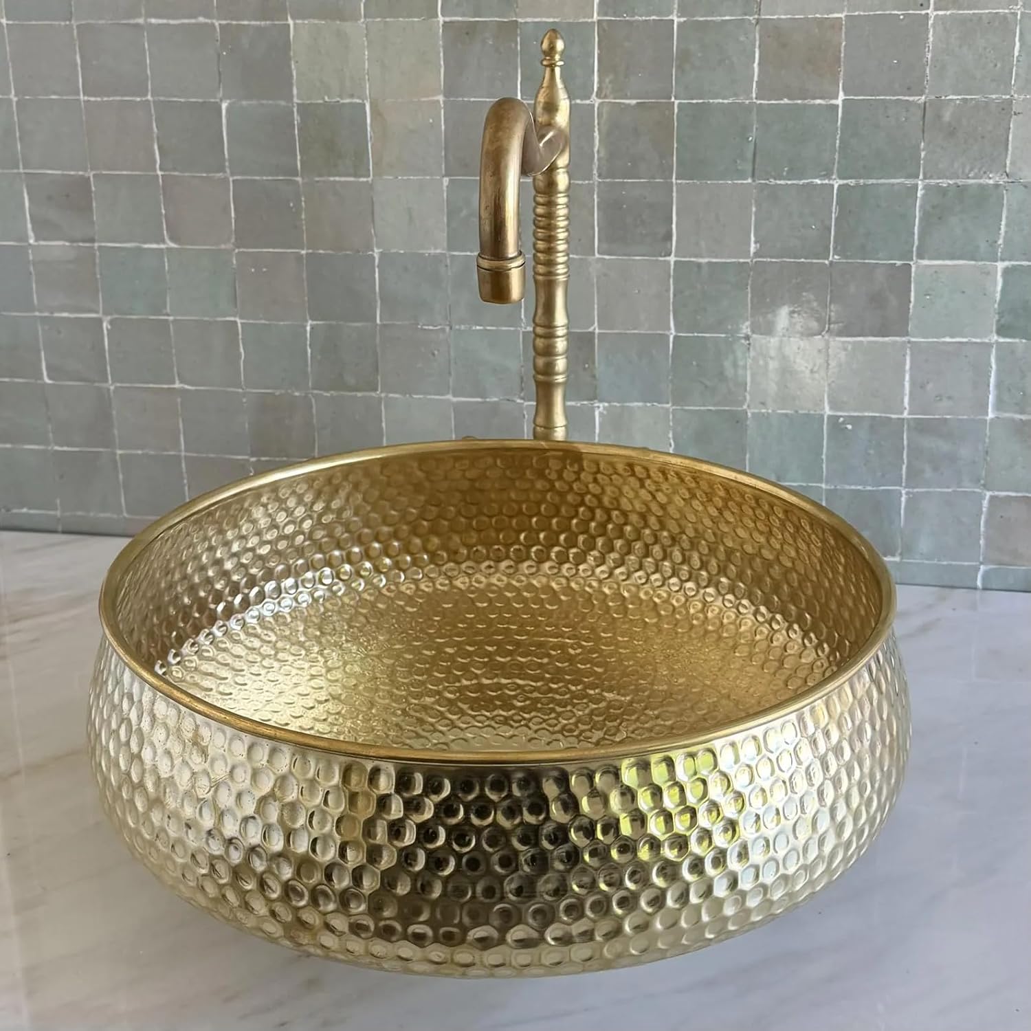 Custom Made 16 Guage Solid Brass Bathroom Sink, Round Coutertop Brushed Brass Bathroom Basin, Handmade Hammered Copper Above Counter Vessel Bowl sink for Kitchen or Bathroom (10"= 25cm)