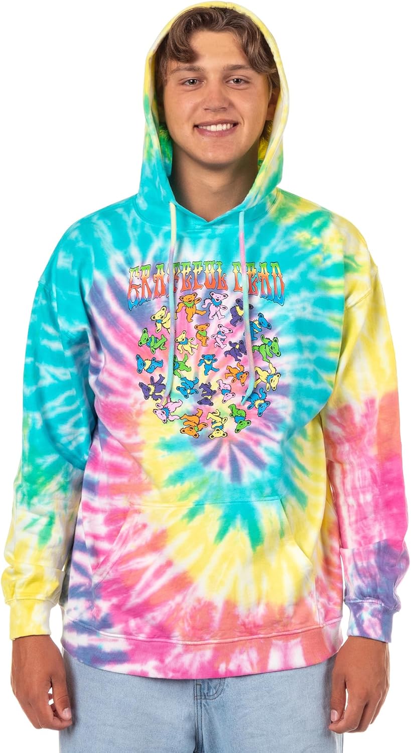 Bioworld Grateful Dead Hoodie Men's Rainbow Spiral Tie Dye Dancing Bears Hooded Pullover Sweatshirt