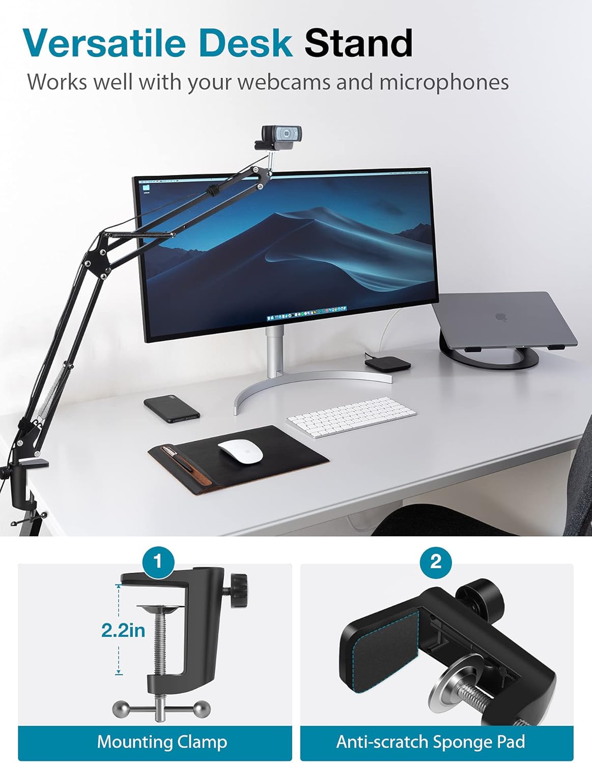 InnoGear Webcam Stand, Suspension Boom Scissor Arm Stand for Logitech Webcam BRIO C920 C920S C922 C922x C925e C930 C930e, 1/4"-3/8" and 3/8"-5/8" Screw for Blue Yeti Snowball Yeti Nano and Other Mics : Electronics