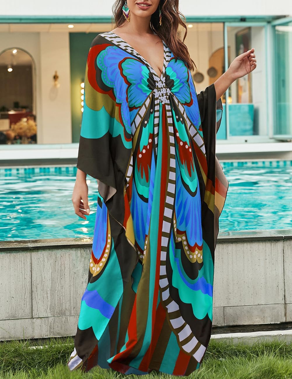 Bsubseach Kaftan Dresses for Women V Neck Butterfly Print Plus Size Batwing Sleeve Caftans Long Bathing Suit Cover Up - Image 6
