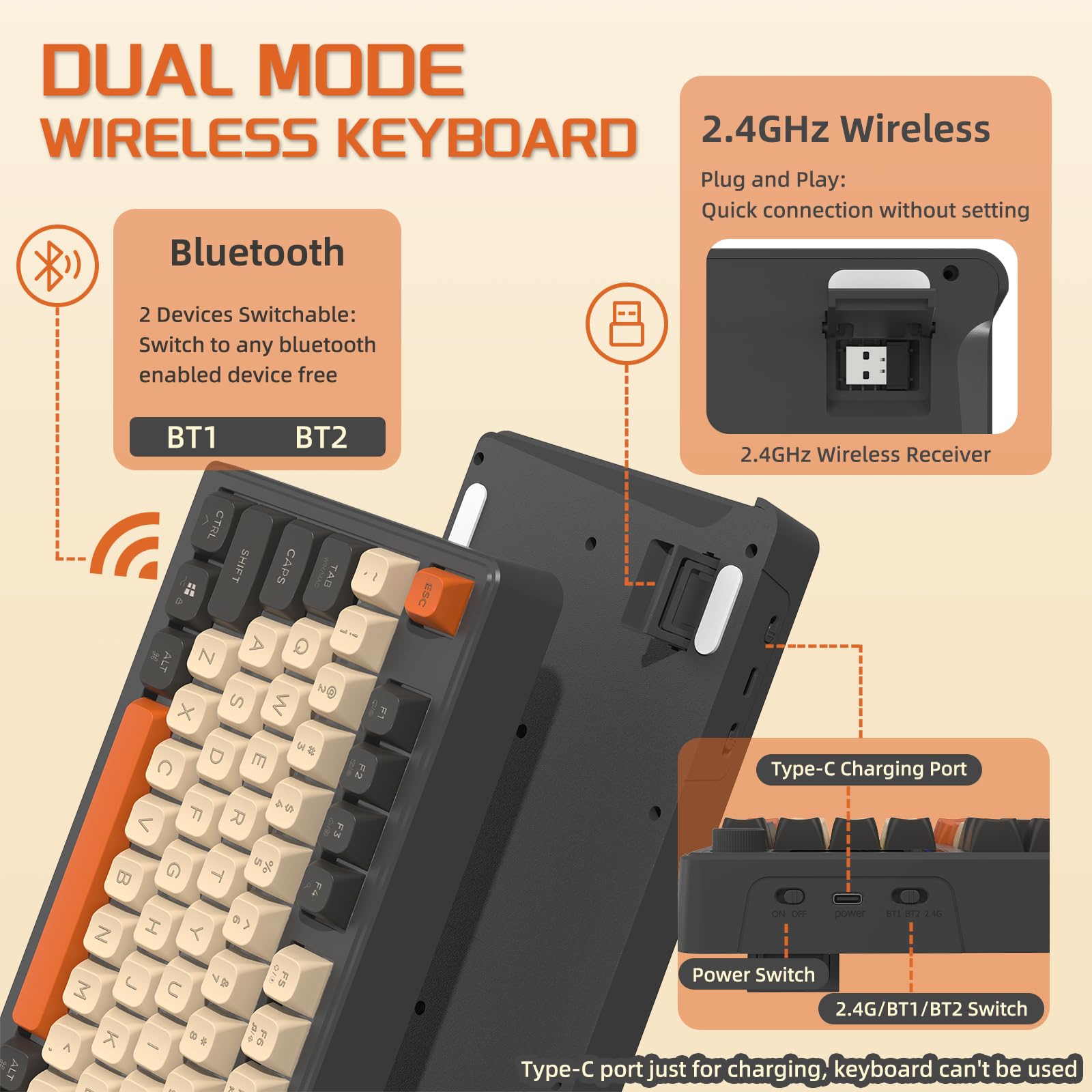 FREEWOLF M96 Tastiera Da Gioco Wireless, Controllo Tramite Manopola Bluetooth/Tastiera Wireless 2.4G, Retroilluminazione a LED RGB con Schermo, Copritasto PBT, 3000mAh, Layout USA QWERTY - Luccichio