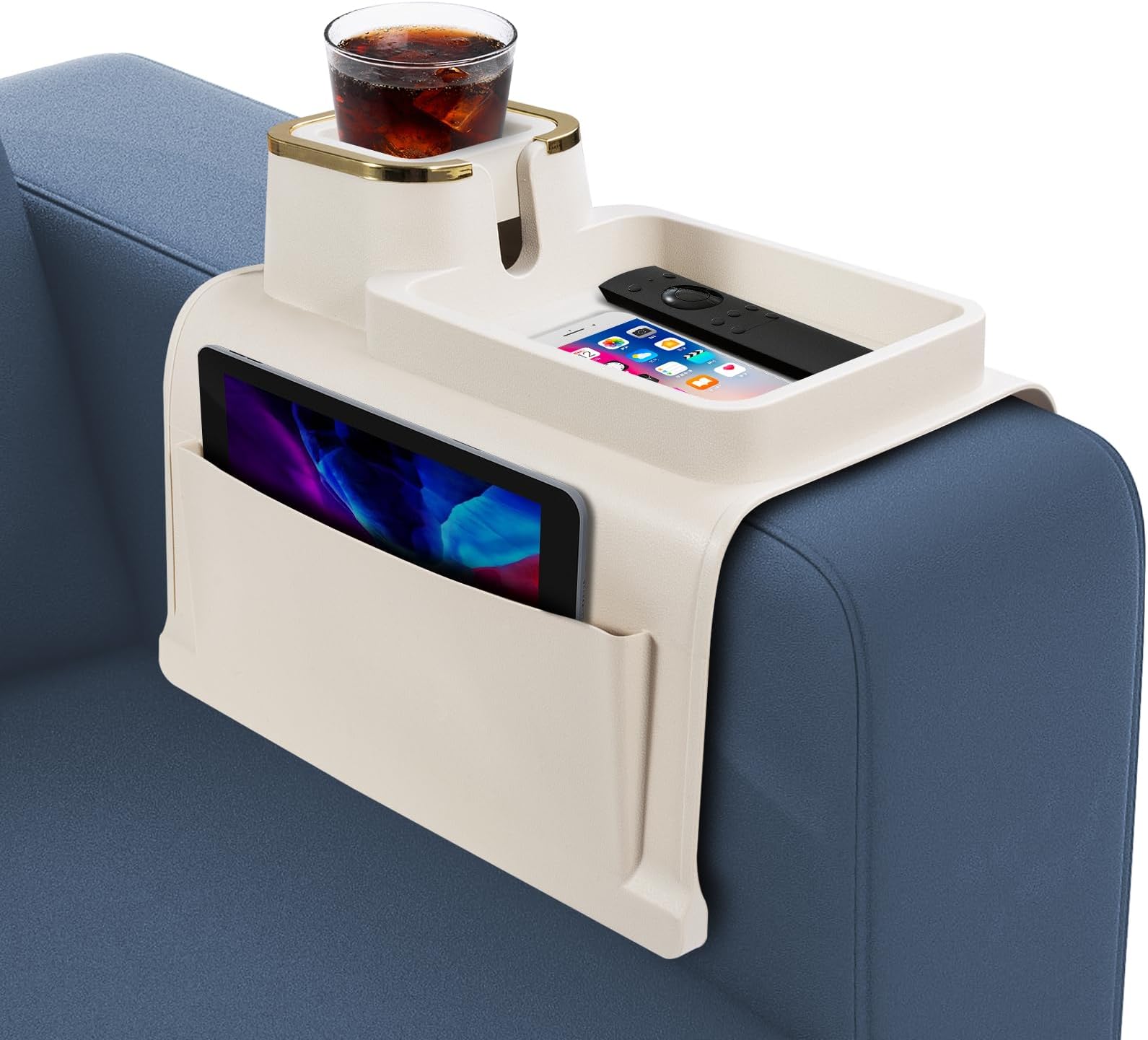 Couch Cup Holder with Tray & Dual-Sided Storage Pocket, Large Silicone Sofa Armrest Tray, Non-Slip & Spill-Resistant Couch Drink Holder Caddy, Multifunctional Couch Arm Organizer