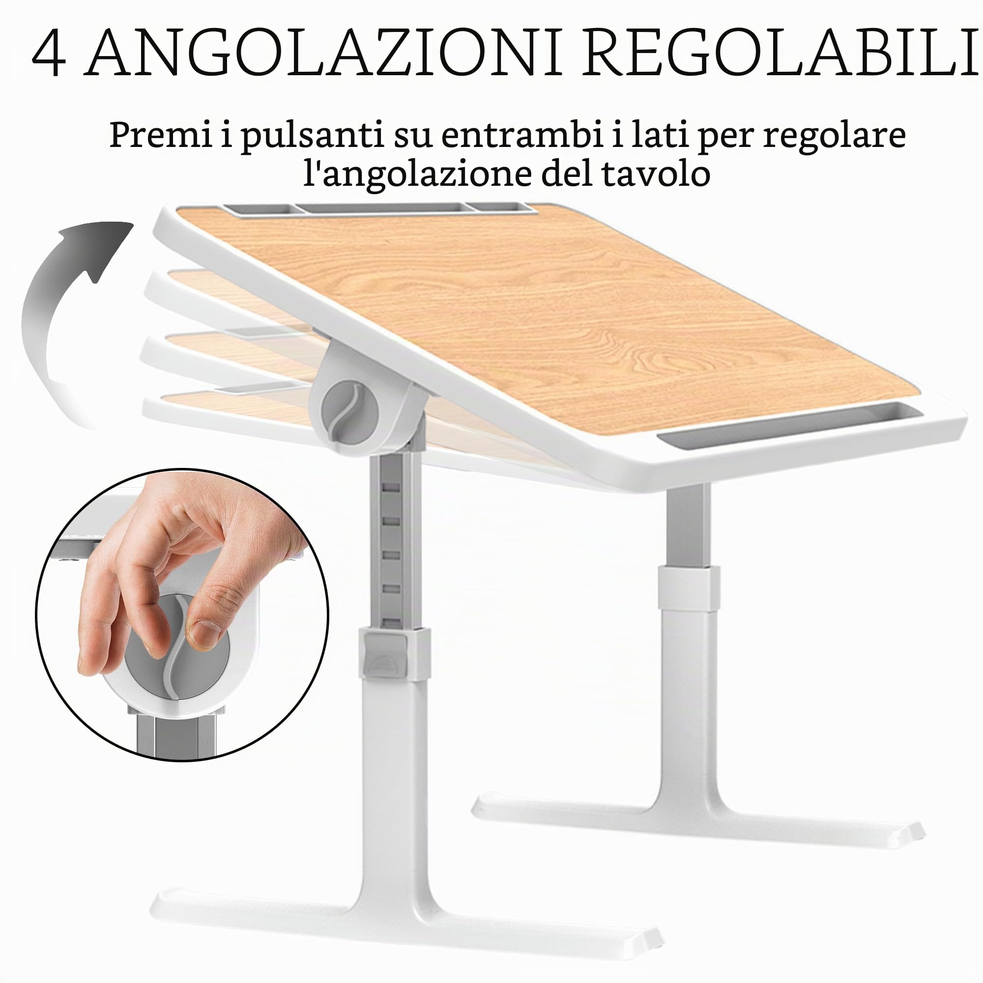 Soontrans Tavolino da Letto 60x40cm, Vassoio da Letto con Cassetto e Supporto per Tablet, Regolabile in Altezza und Angolo, Pieghevole, Tavolo da Letto per Letto, Divano, Pavimento(Colore del Legno)