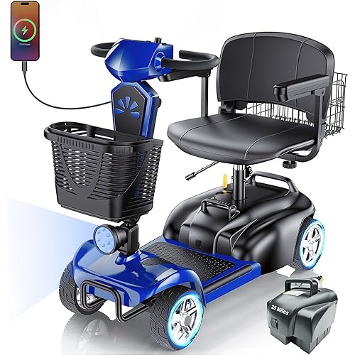 15/25/30/50Miles Eldryvon 4 Wheels Electric Mobility Scooter for Seniors, Dual Basket, 350W Powered Wheelchair with Rotating Seat, Foldable Motorized Scooter for Adults (Blue, 50Miles)