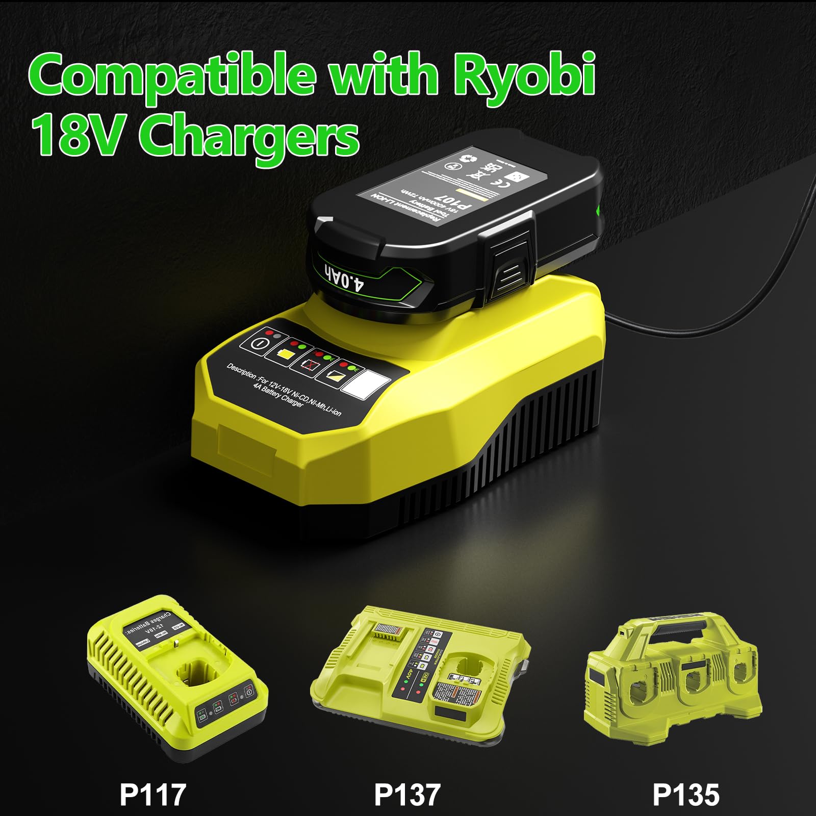 2Pack 4.0Ah Replacement for Ryobi 18V Battery Compatible with Ryobi 18 Volt Lithium ONE+ Plus Battery P102 P103 P104 P105 P107 P108 P109 PBP002 PBP003 PBP004 PBP005 PBP006 Cordless Power Tools - 4