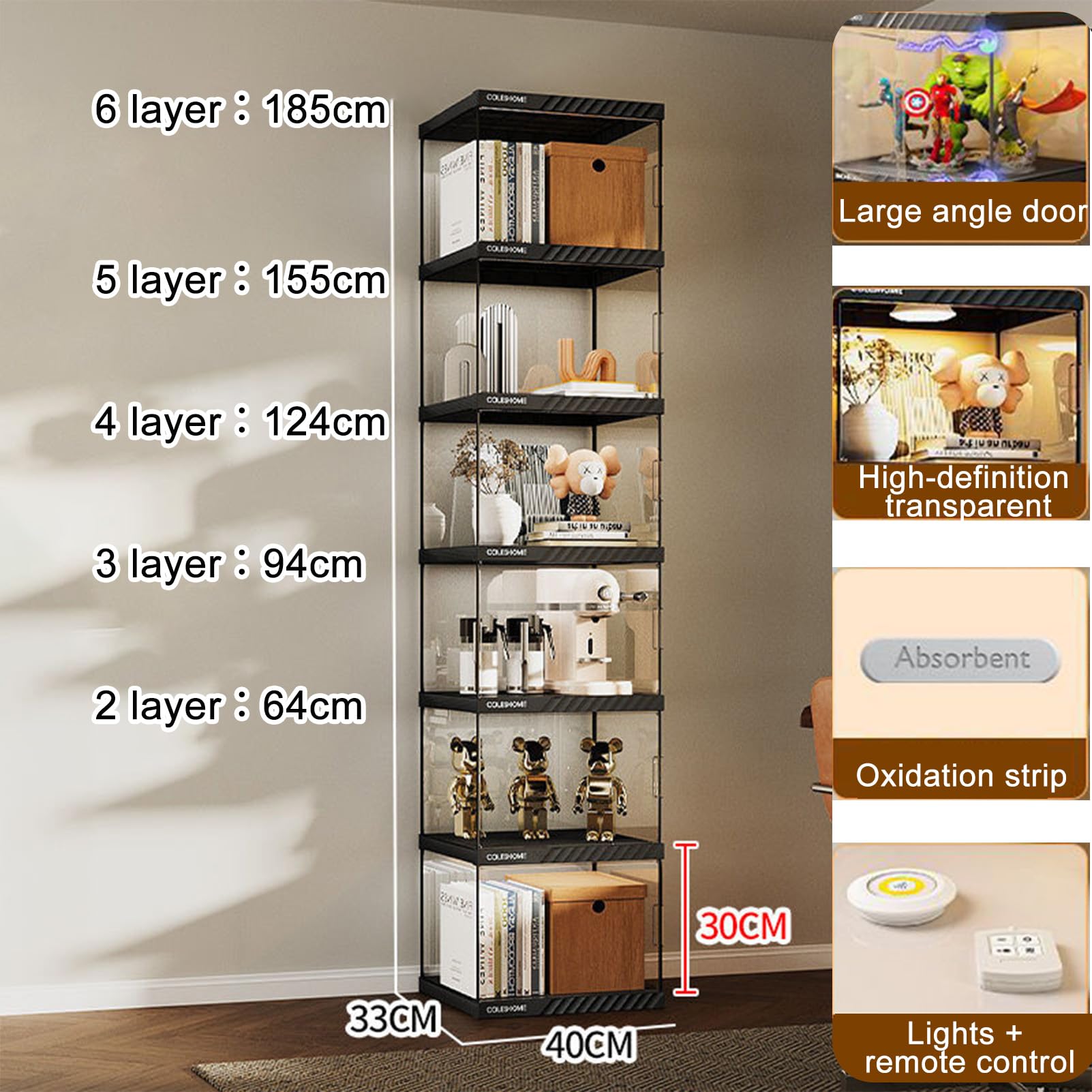 Vitrina Expositora De 42x33x130 Cm Con Puertas De Cristal Acrílico – Librería Con Marco De Bambú Para Oficina Y Hogar