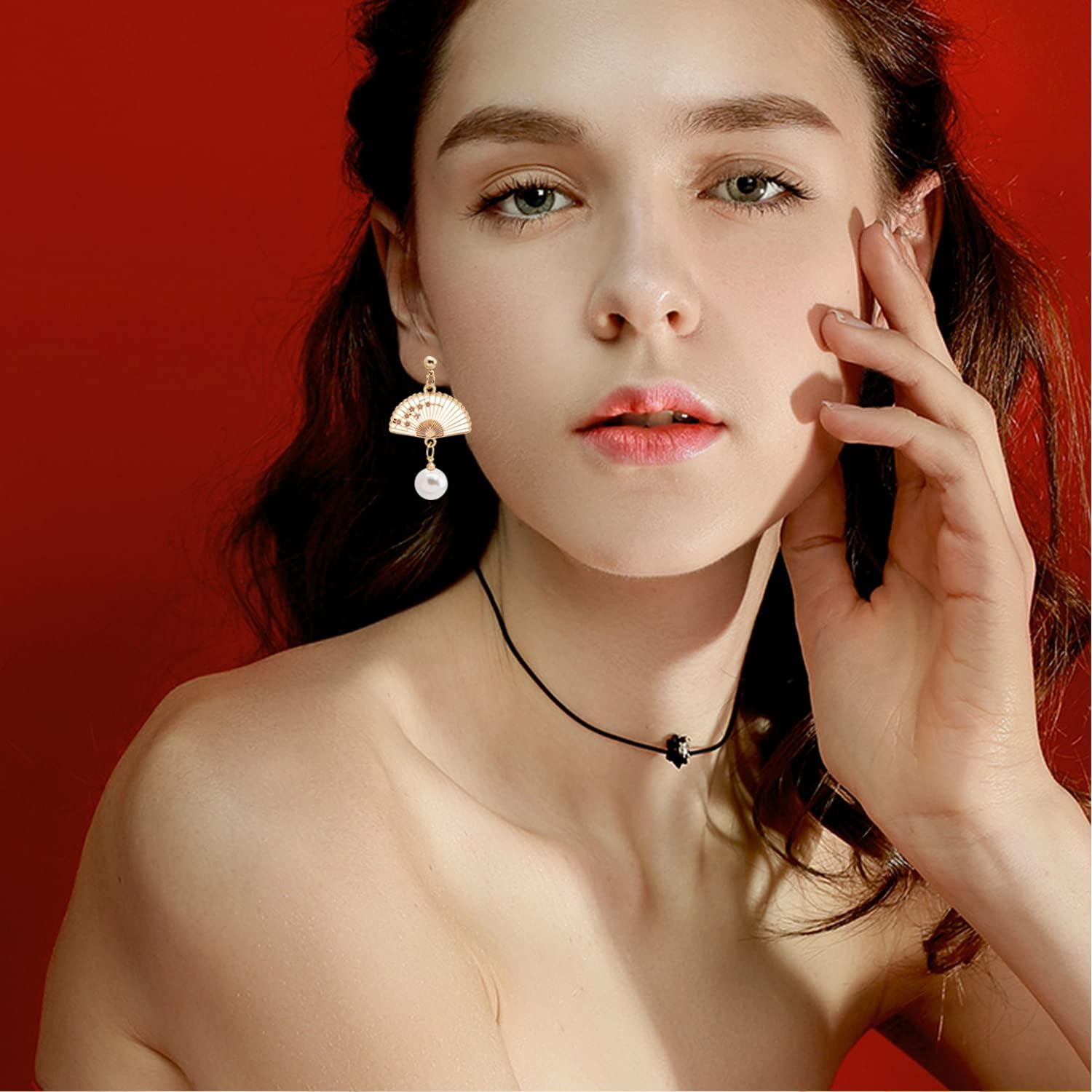 YUNXI Fan Pearl Earrings Sector Drop Small Fan Dangle Cute Retro Ethnic Pretty Stud Earrings