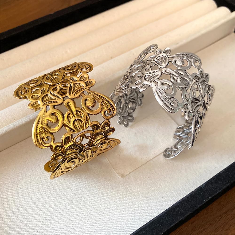 OIDIMS Vintage Hollow Flowers Cuff Bracelet for Women Trendy Wide Cuff Bracelets Open Wristbands Bangle Gold-Tone Plated Chunky Upper Arm Armband Boho Fashion Statement Holiday Jewelry for Mom Wife - Image 4