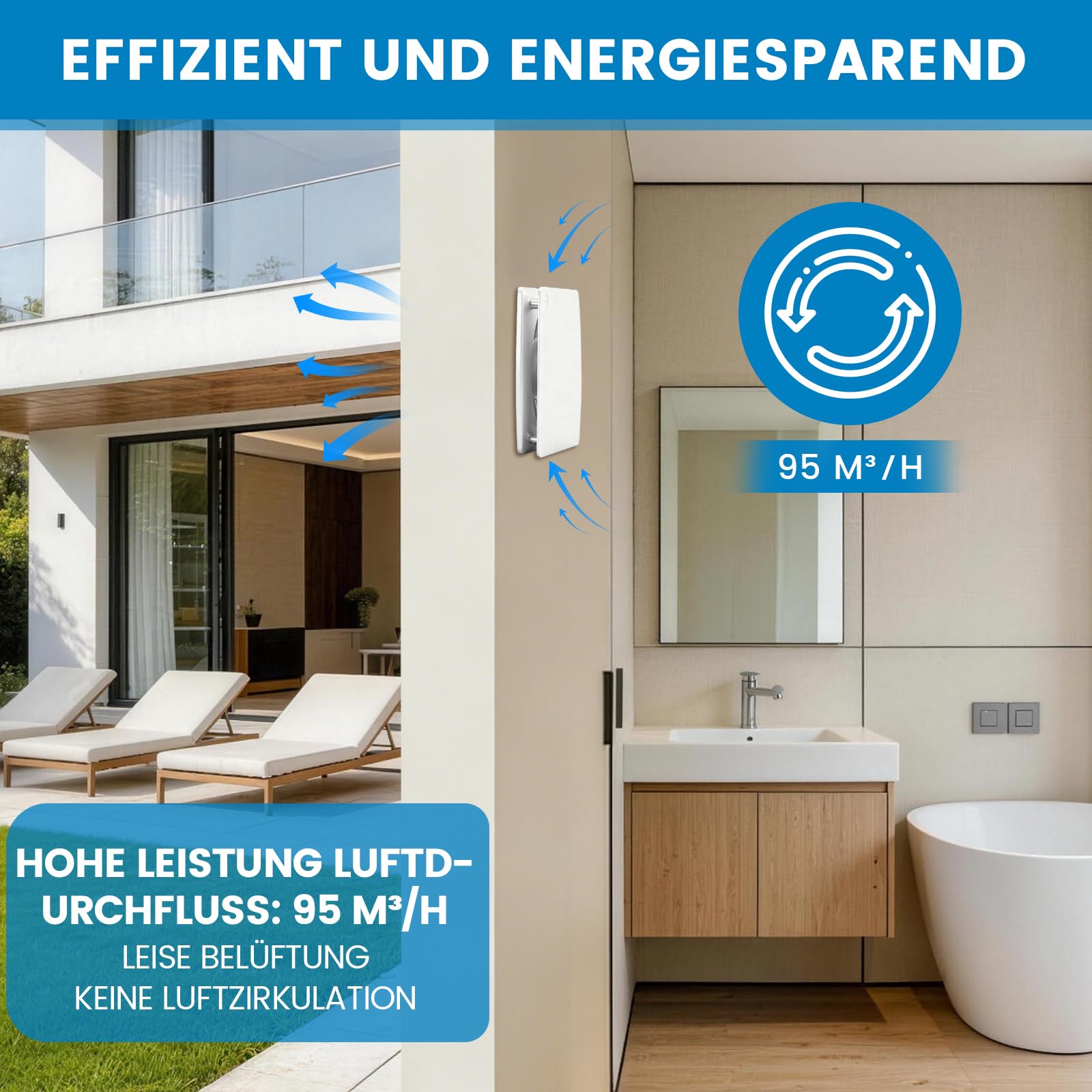 XIIW Badlüfter 100mm mit Feuchtigkeitssensor Abluftventilator einstellbarer Nachlaufzeit, mit Timing Wandventilator Silent, mit Rückstauklappe 95m³/h, 12 Watt / 34dB für Bad, WC, Küche