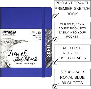 Pro Art Premier Sketch Book Travel 6x 4 White 74lb Royal Blue 80 Sheets, Sketch Book, Sketchbook, Drawing Pad, Pad, Drawing Paper, Art Book, Paper, Sketchbook for