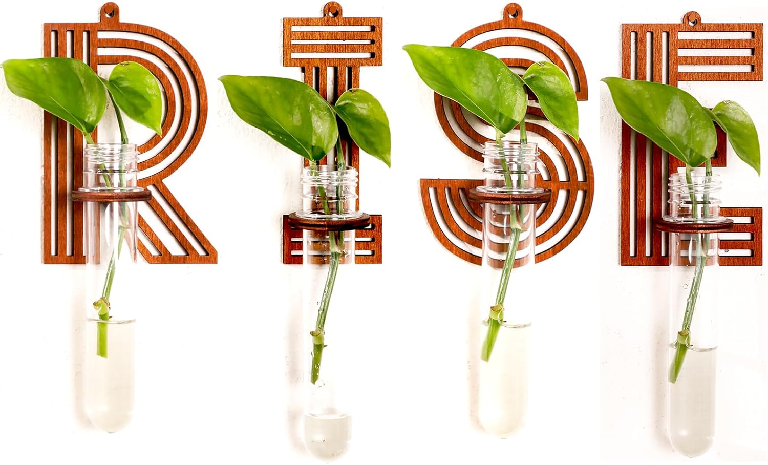 Rise Letter Wall Propagation Planters Test Tubes Wall Decor for Hanging Plants Clear Water Plant Vase Brown Wood Upletter Alphabet Functional Art Boho Sets 4
