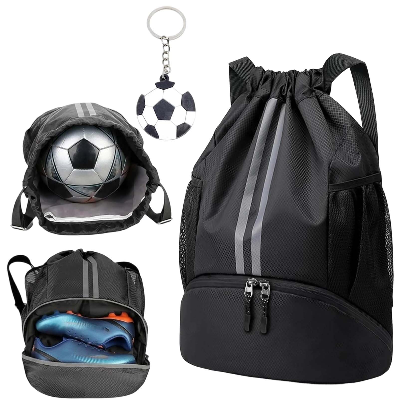 IAndhy Football Kit Bag, Waterproof Drawstring Backpack with Football Charm, Wet/Dry Separation & Large Capacity Sports Sack for Gym and Outdoor Use