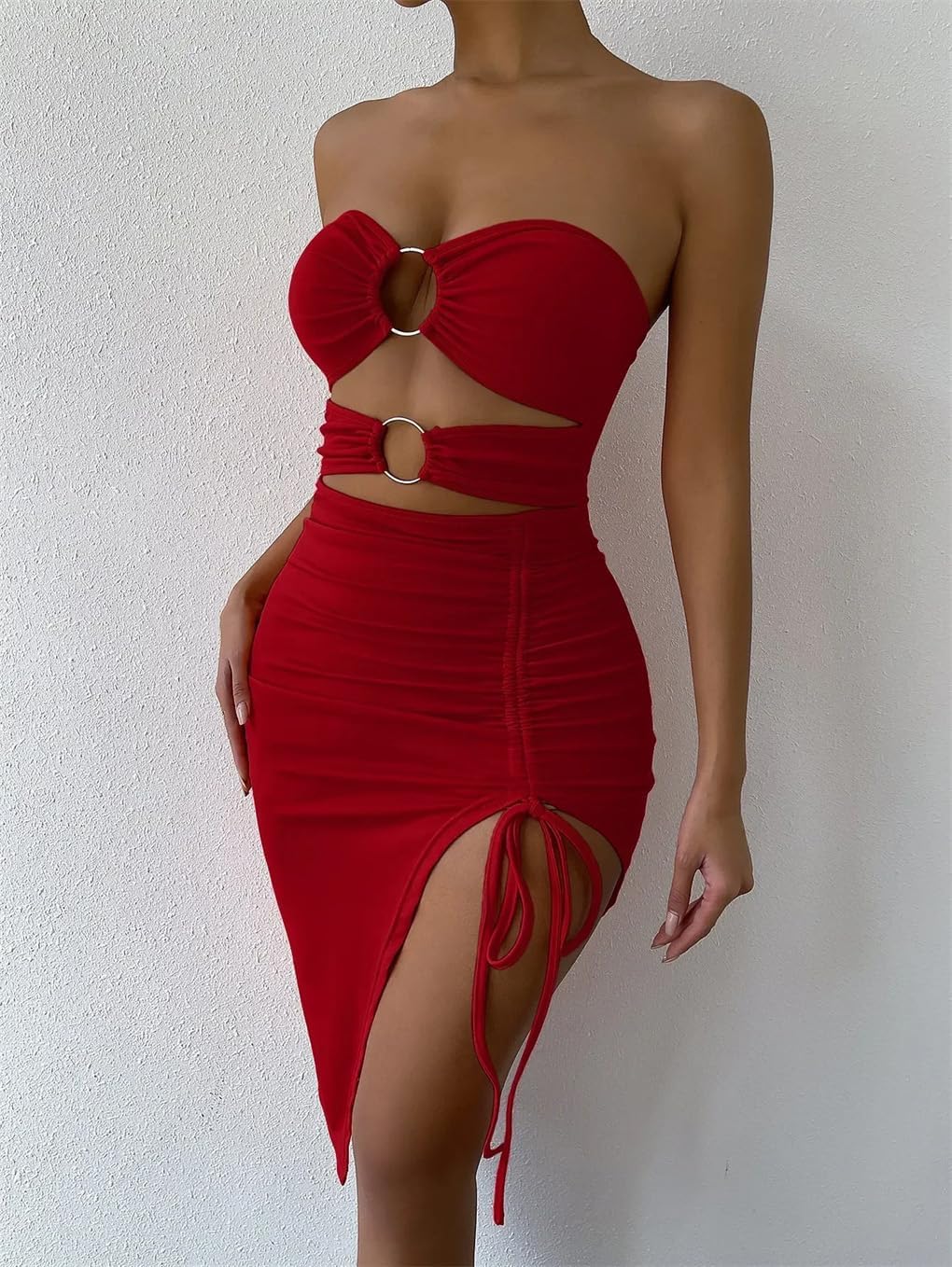 Women's Hollow Drawstring Patchwork Irregular Hem Beach Sleeveless Strapless Dress