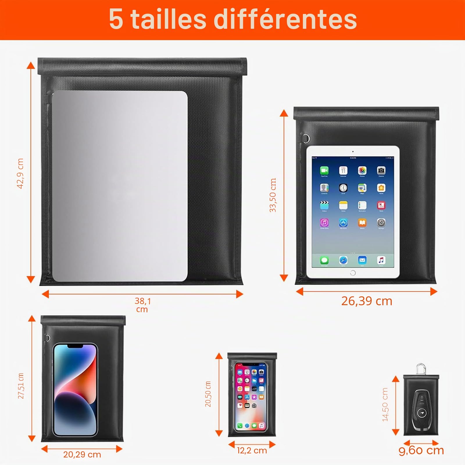 Sacs Faraday, grande cage Faraday antivol anti-suivi, sac blocage de signal RFID EMP, sacs Faraday pour protection de porte-clés pour téléphones/ordinateurs portables/tablettes/clés de