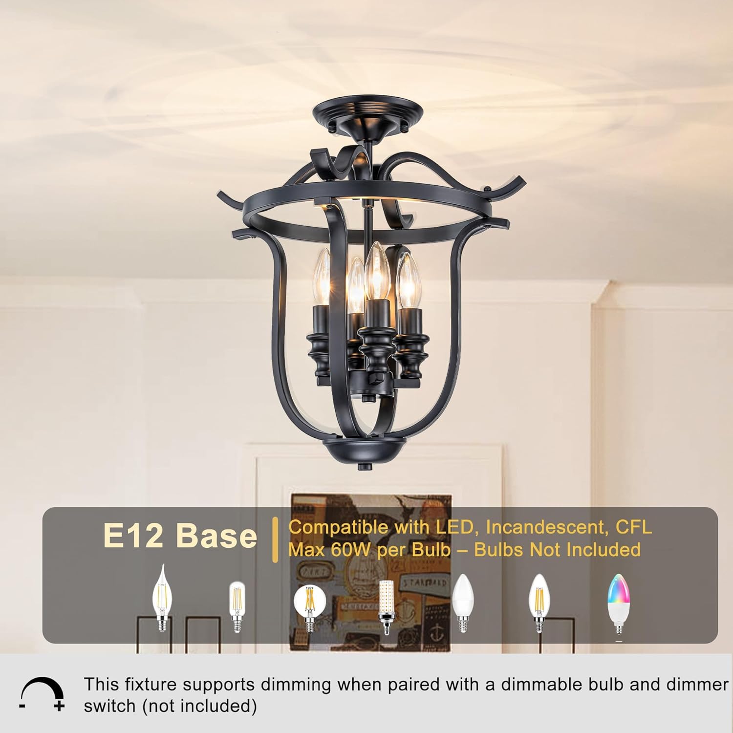 Farmhouse Ceiling Light Fixtures, Rustic Hallway Light Fixtures Ceiling, Black Light Fixtures Ceiling Mount, 4-Light Ceiling Chandelier Light Fixture for Foyer Entryway Kitchen Island Bedroom