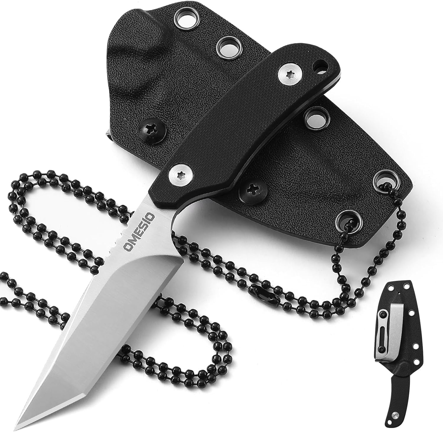 Omesio Tanto Neck Knife, Small Fixed Blade Knife with Kydex Sheath and Clip, Full Tang 6" Neck Knife with Sheath and Necklace, Mini Tactical EDC Knife D2 Steel G10 Handle(White Steel+ Black Handle)