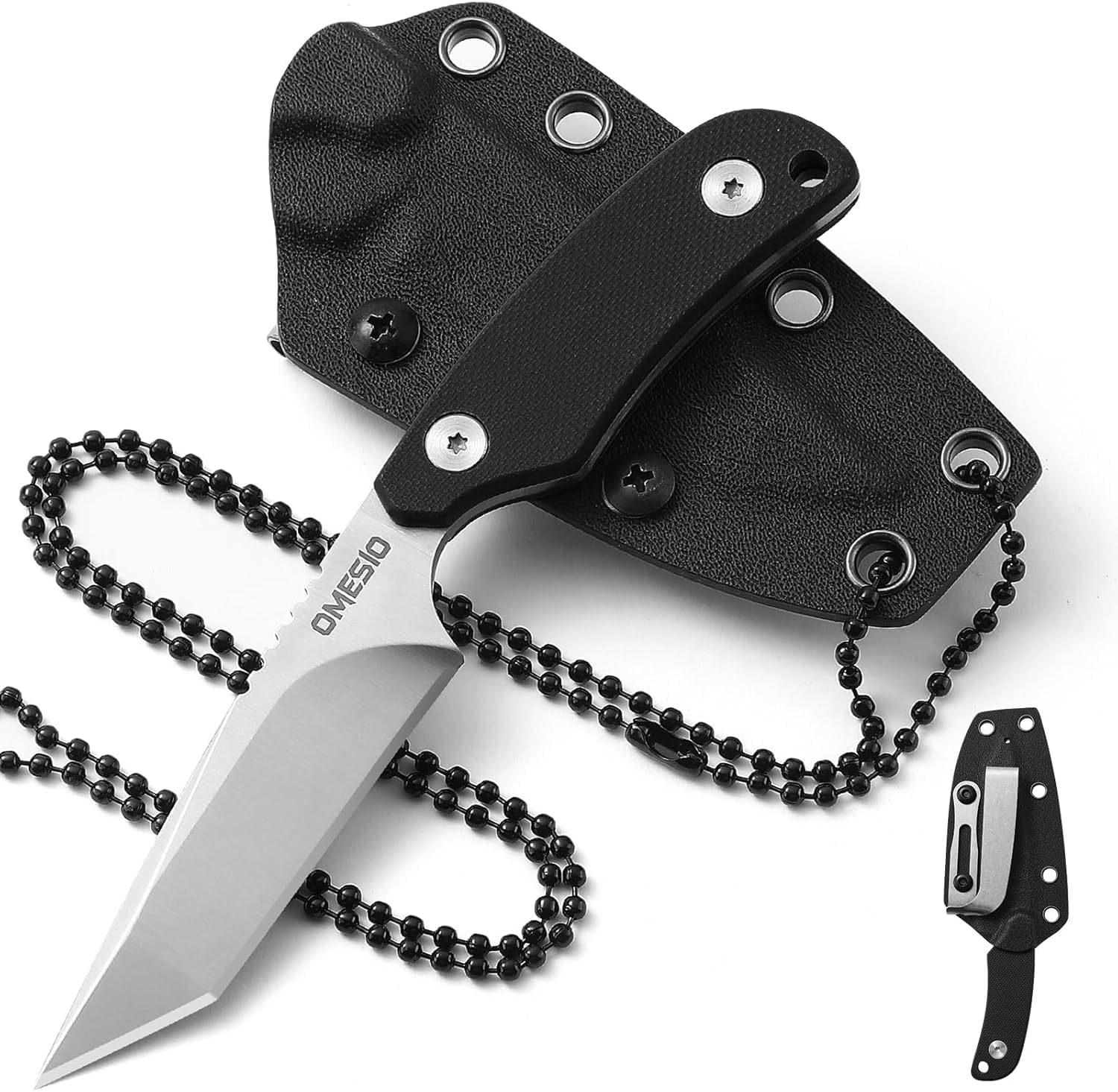 Tanto Neck Knife, Small Fixed Blade Knife with Kydex Sheath and Clip, Full Tang 6" Neck Knife with Sheath and Necklace, Mini Tactical EDC Knife D2 Steel G10 Handle(White Steel+ Black Handle)
