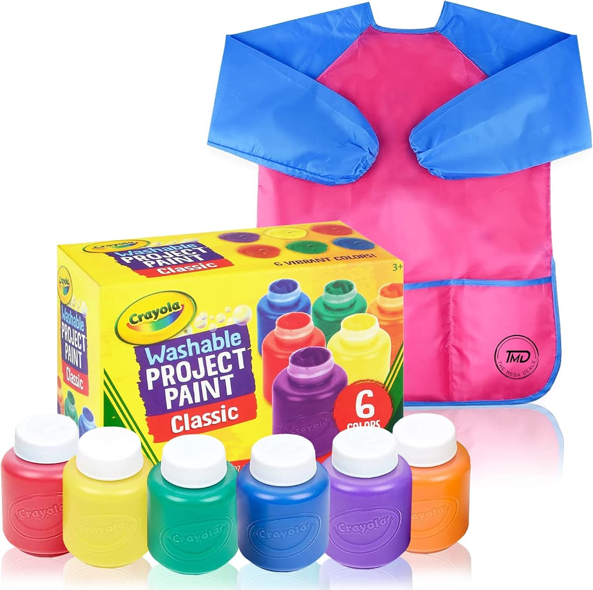 Juego de pintura para niños, pintura lavable para niños de 6 colores, bata de pintura, pintura tempera no tóxica de 2 oz cada una, pinturas para niños pequeños, arte, manualidades, proyectos de pintura para dedos en el hogar, paquete de regalo