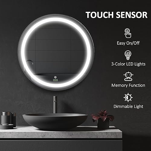 Miniatura 3 de kleankin Espejo de baño iluminado de 24 pulgadas para pared, espejo LED regulable con 3 colores de temperatura, función de memoria, espejo redondo