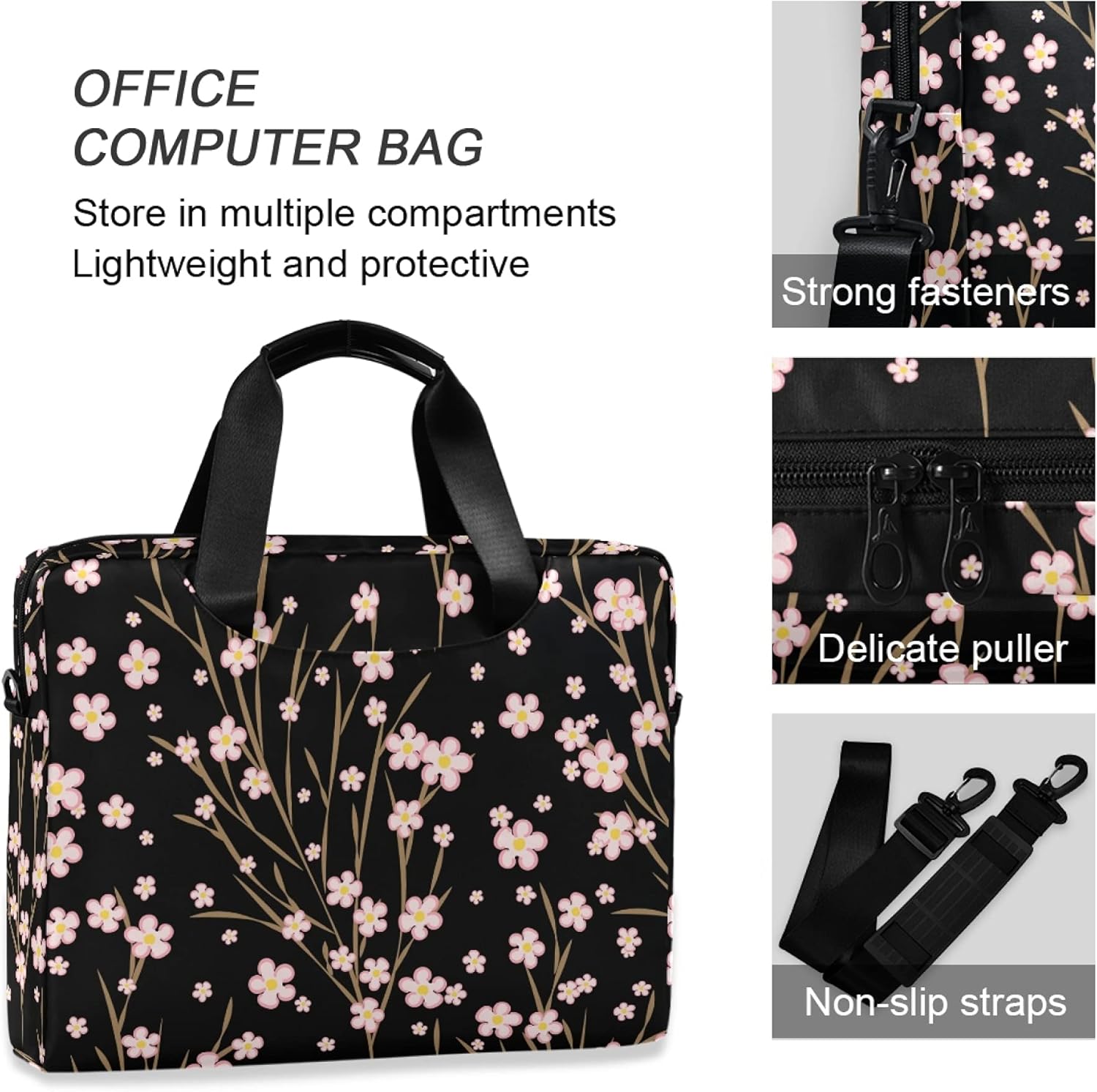 ALAZA Cherry Blossom Japanese Sakura Flower Floral Laptop Case Bag Sleeve Portable Crossbody Messenger Briefcase w/Strap Handle, 13 14 15.6 inch