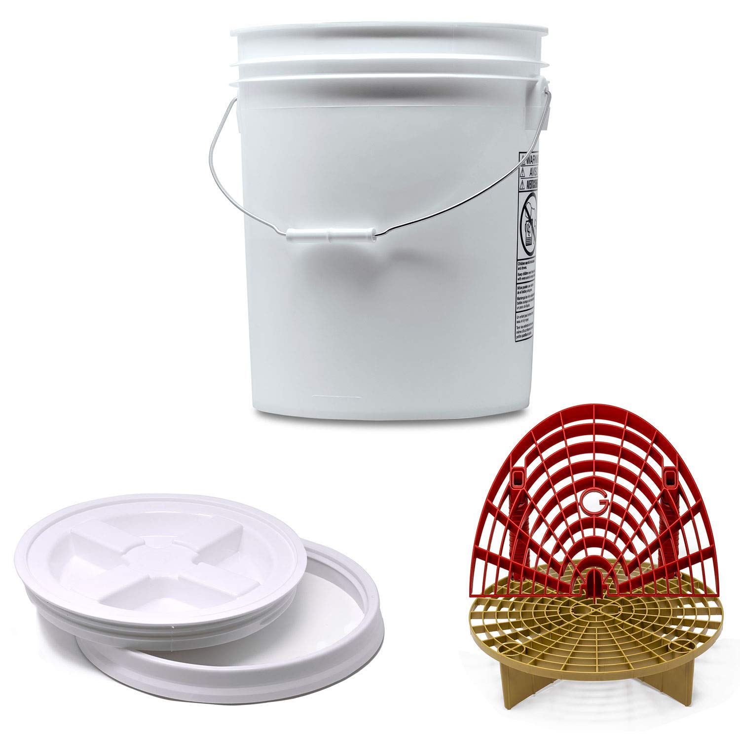 Detailmate professionelles Wasch Eimer Set: Magic Bucket Wascheimer 5 GAL (ca. 20 Liter), Gamma Seal Eimerdeckel weiß, GritGuard Schmutz Einsatz Gold, GritGuard Washboard rot