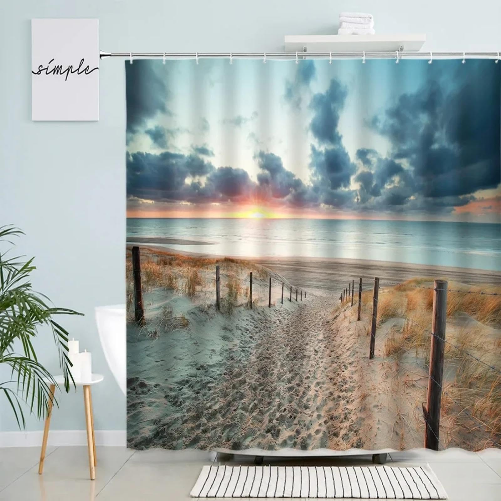 Rideau de douche polyester imprimé paysage nature moderne et océan pour déco de douche 120x180