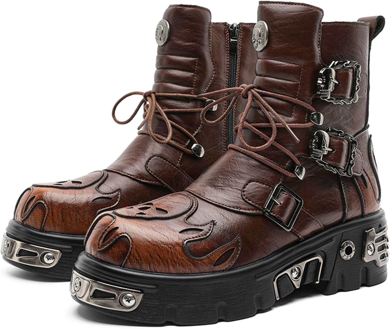 ORNVEION Men's Punk Combat Boots Faux Leather Upper Lace Up Buckle Strap Design Chunky Platform Heel Round Toe Footwear For Street Style Biker Rides Casual Hangouts