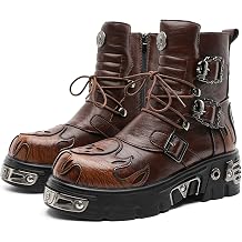 ORNVEION Mens Punk Combat Boots Faux Leather Upper Lace Up Buckle Strap Design Chunky Platform Heel Round Toe Footwear For Street Style Biker Rides Casual Hangouts