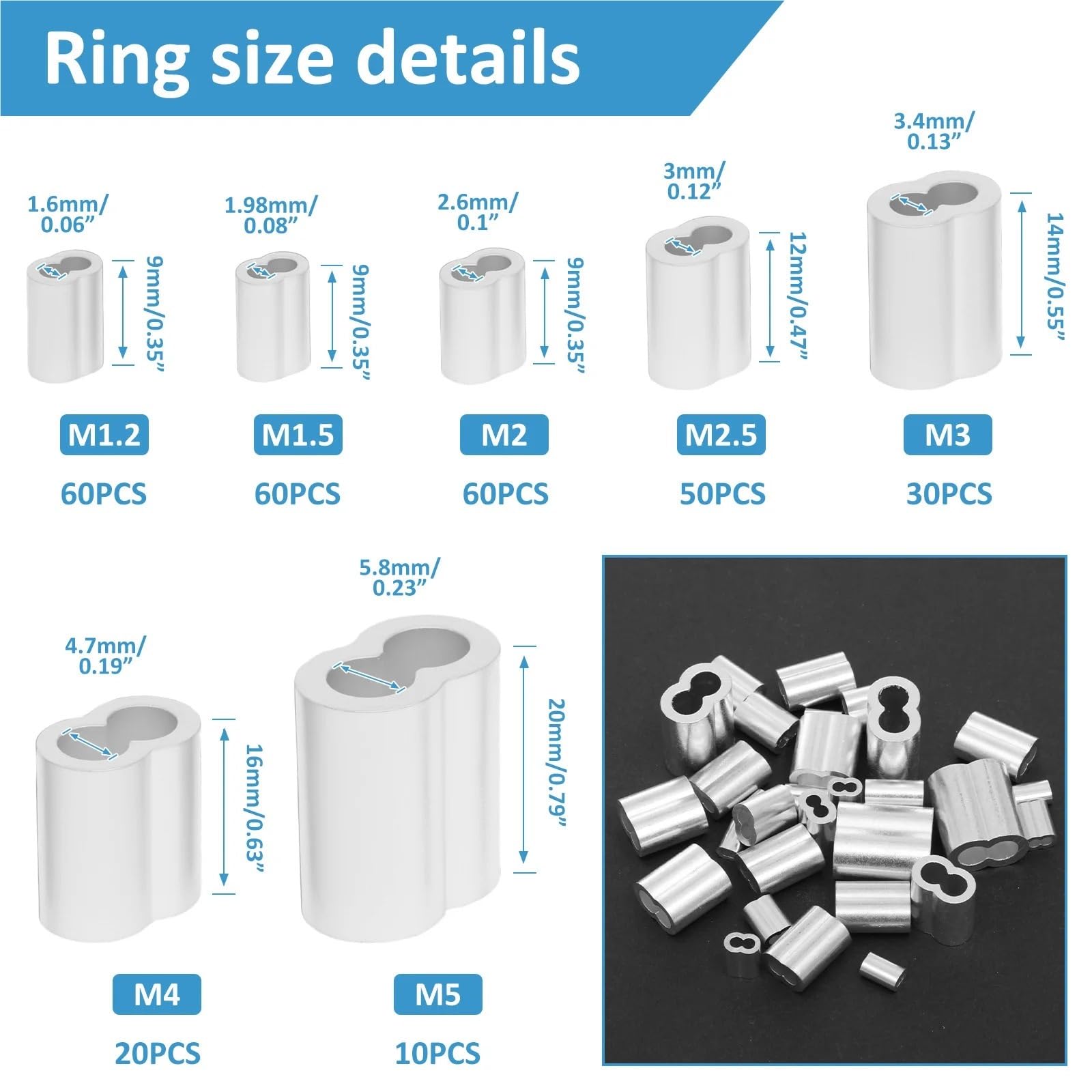 340 pièces de manchons sertissage en acier inoxydable, clips fixation, aluminium/joints câbles M1-M5, cosses câble Convient aux câbles et aux cordes