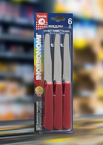 Inoxbonomi 6 cuchillos de cocina – 4.3"/11cm acero inoxidable italiano dentado vegetal/bistec/cuchillo de mesa, punta redondeada (mango rojo)