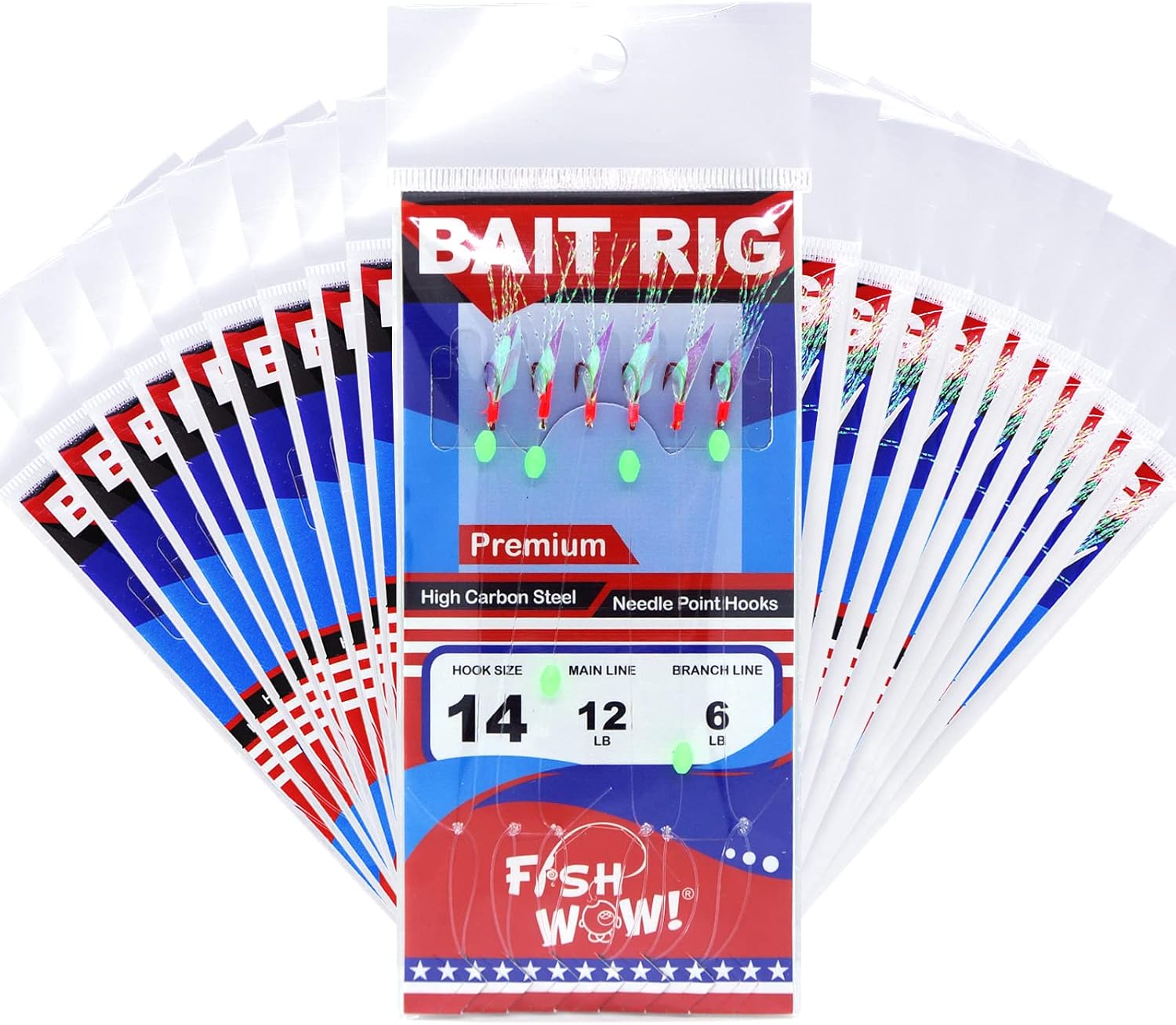 20 Packs Size 14 Fishing Red Hook Bait Rigs with Mylar Fish Skin w/Glow Beads and Ball Barrel Bearing Swivel Premium Piscatore Bait