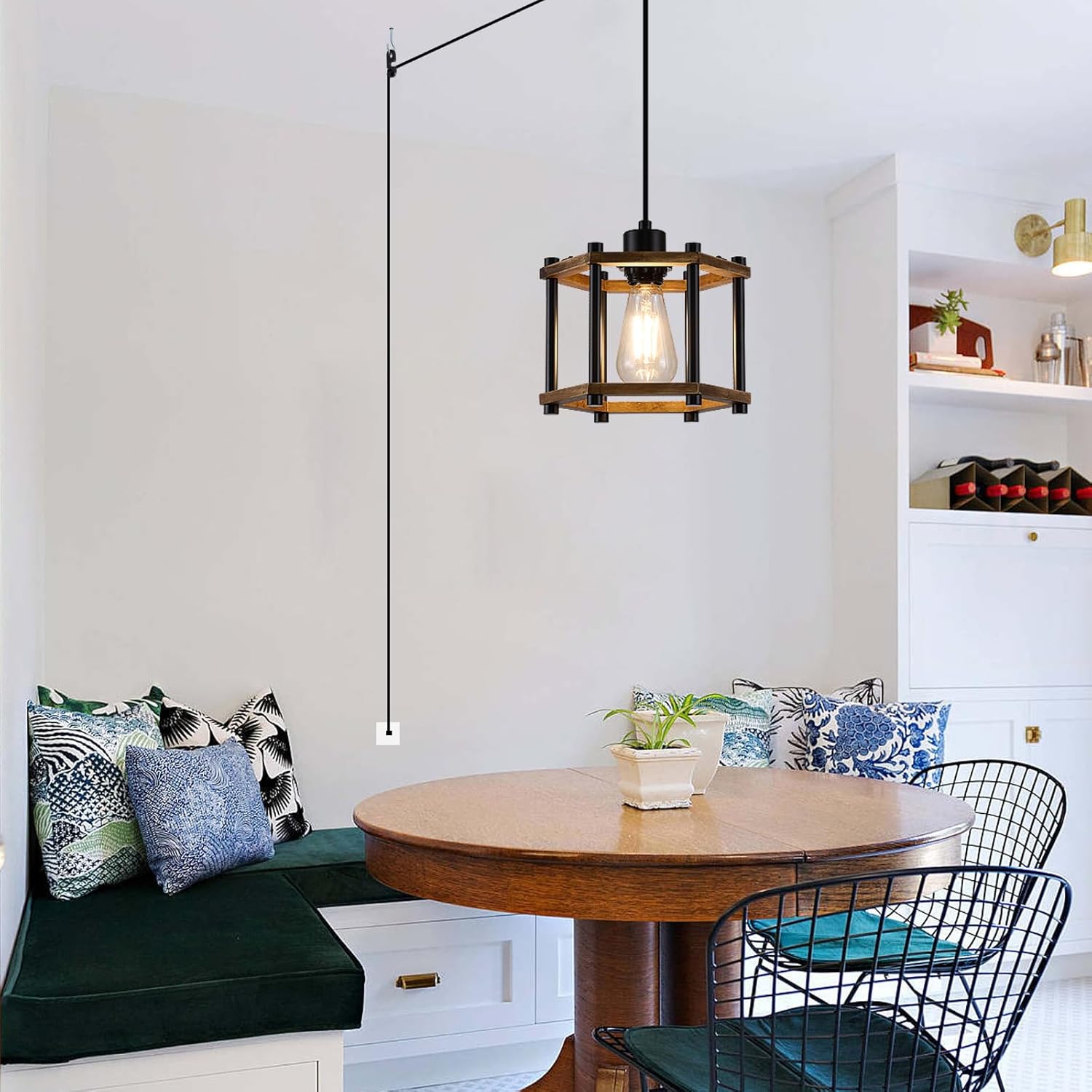 Dijiahua Rustic Farmhouse Plug in Pendant Lights Kitchen Island 1 Pack,1-Light Small Cage Wood Chandelier Light Fixture for Dining Room,Hanging Light with Adjustable Cord On/Off Switch for Hallway