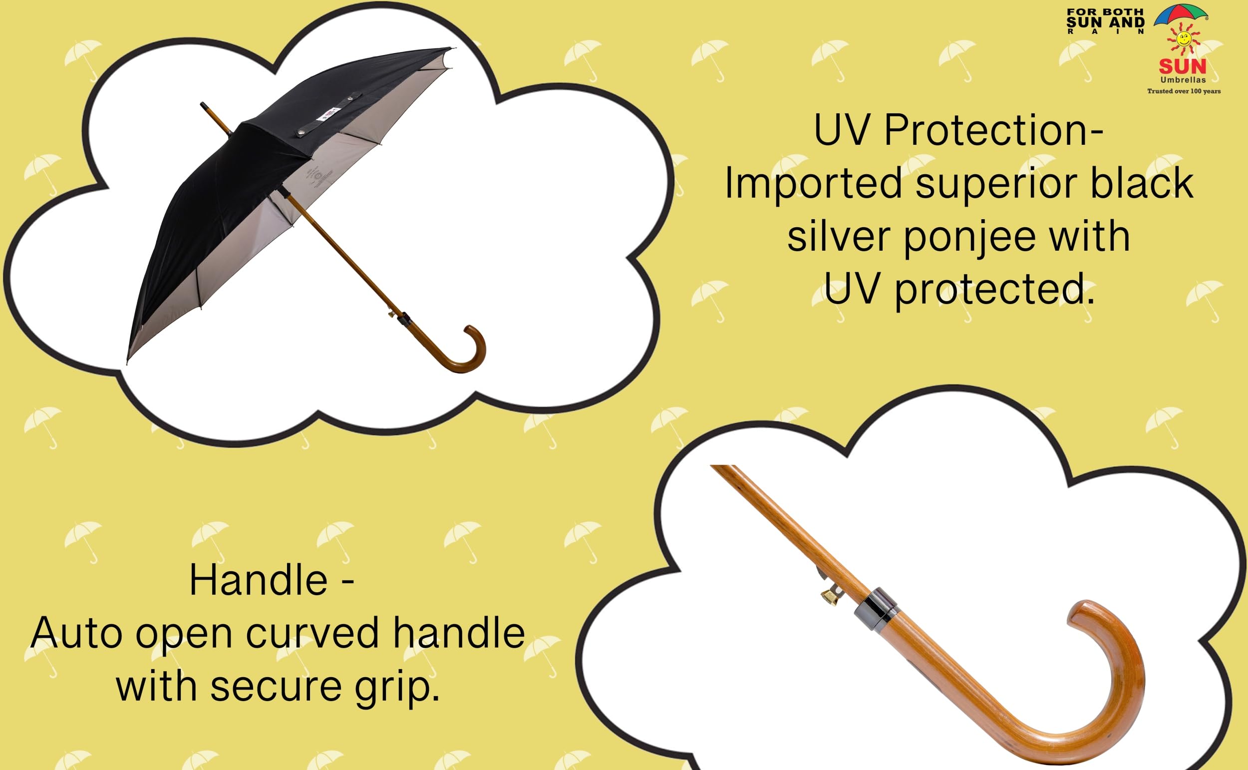 Sun Reporter Umbrella Black Stick Wooden UV Protective Crook Handle 41 Inches Automatic Open 4