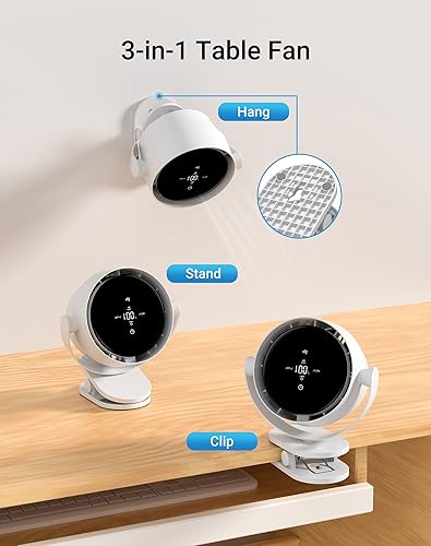 Miniatura 3 de Ventilador de escritorio portátil, ventilador USB recargable con clip con control de precisión de 100 niveles y táctil LED, rotación de 360, ideal