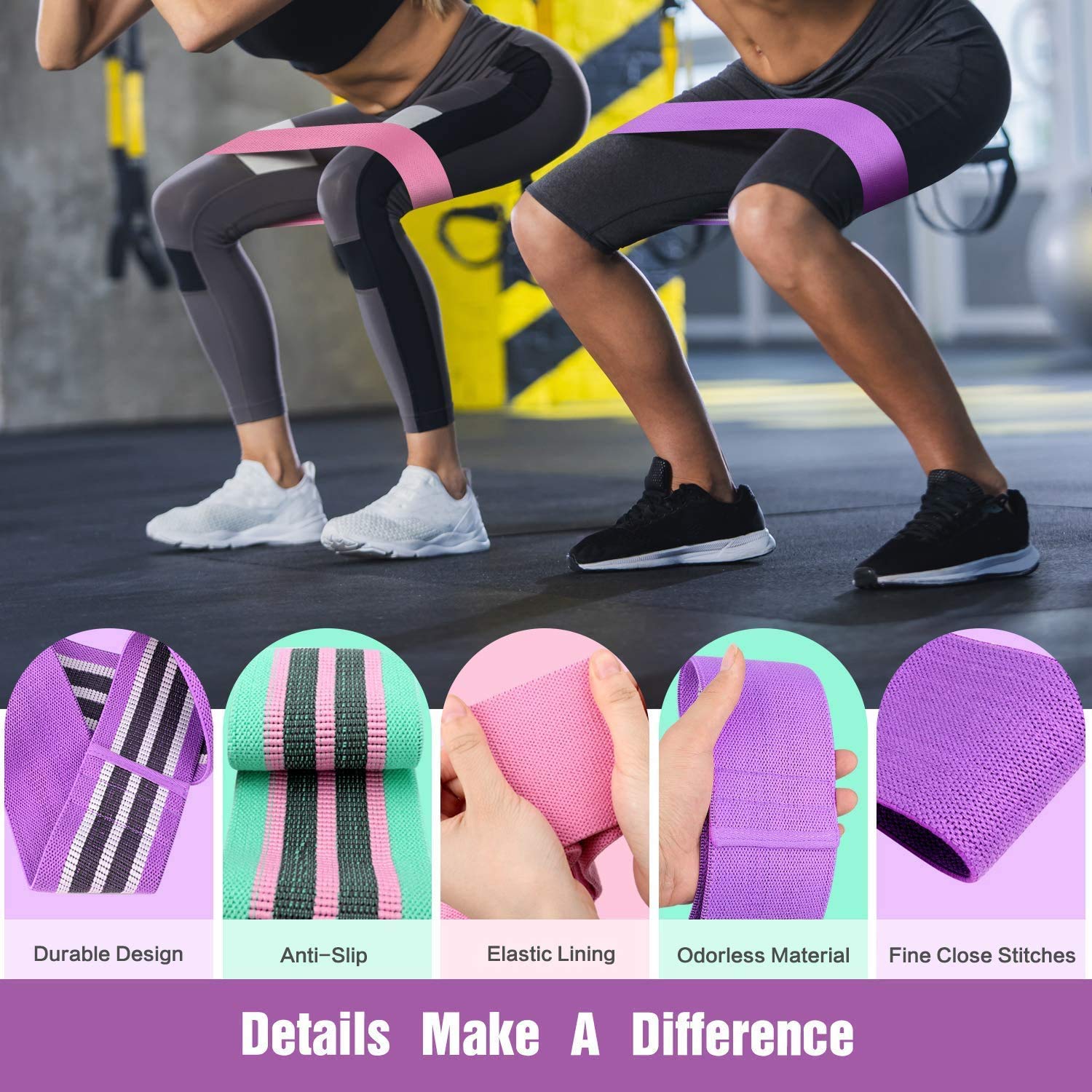 Booty Bands – Set di 5 fasce elastiche in silicone resistenti all'usura, per esercizi con borsa per trasporto, per donne, uomini, casa, palestra e