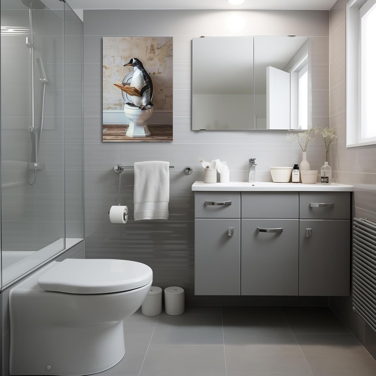 Funny Bathroom Wall Art Abstract Animals Poster Prints Penguin on Toilet Reading Picture for Living Room Farmhouse Decor(Animal-2,16L x 24W)