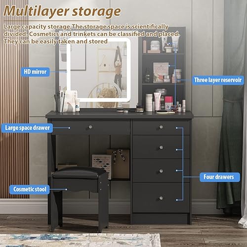 Miniatura 6 de Juego de tocador grande con espejo, 5 cajones y estantes, tocador y taburete acolchado (espejo iluminado deslizante)