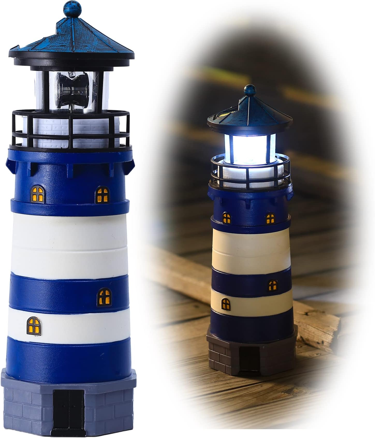 Solar Lighthouse Ornament - 30cm Tall Solar Lighthouse with Rotating Beacon, 360 Degree Rotating Lighthouse Decoration, Best Lighthouse Gifts for Children(Round Blue)