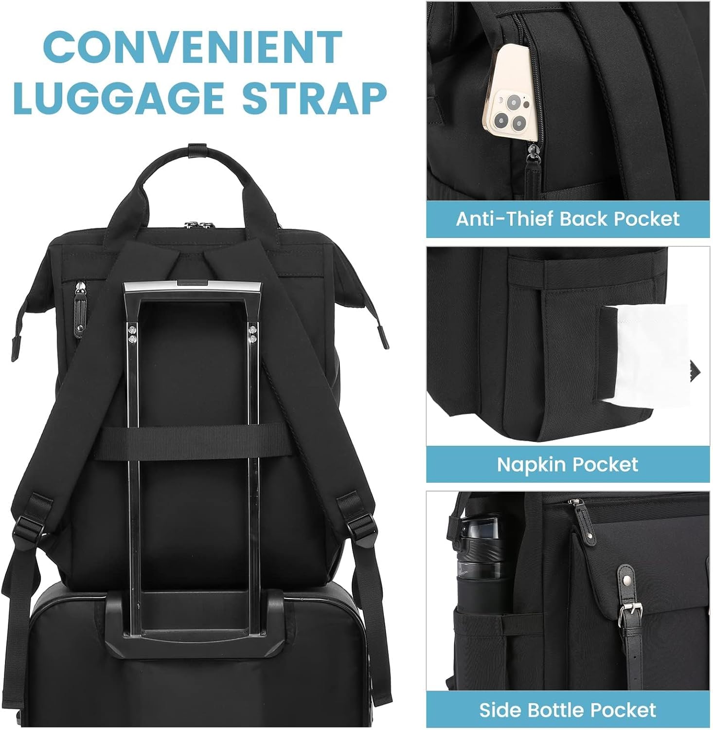 LOVEVOOK Laptop Backpack for Women, Teacher Nurse Bag Work Travel Computer Backpacks Purse,Water Resistant Daypack, 15.6 inch Black Brown - Image 2