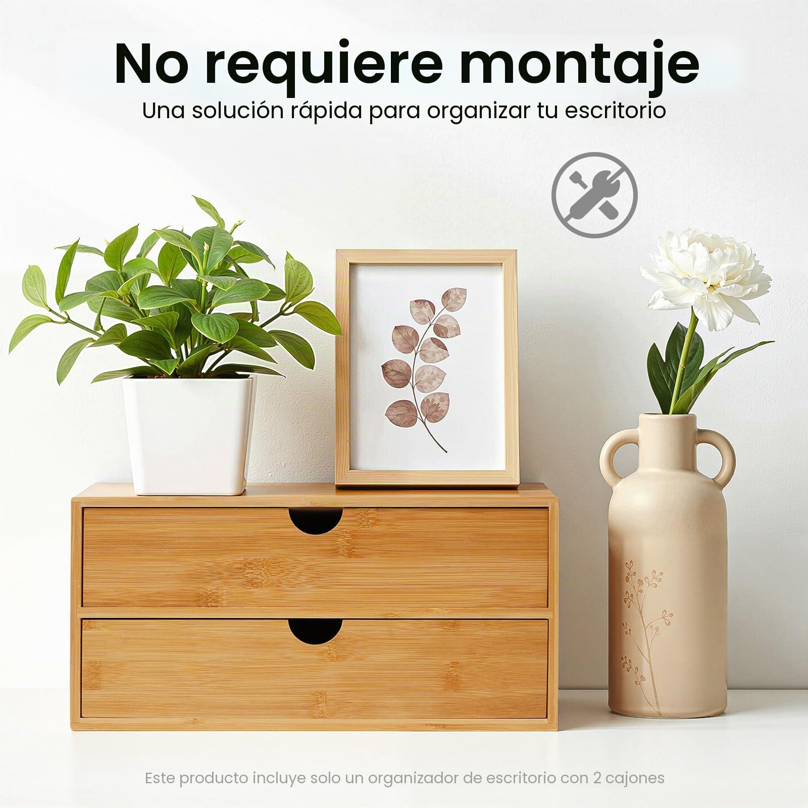 Organizador original de escritorio de bambú con 2 cajones mini escritorio de bambú, mesa de cajón caja de almacenamiento para oficina y dormitorio, 33 x 19 x 16 cm